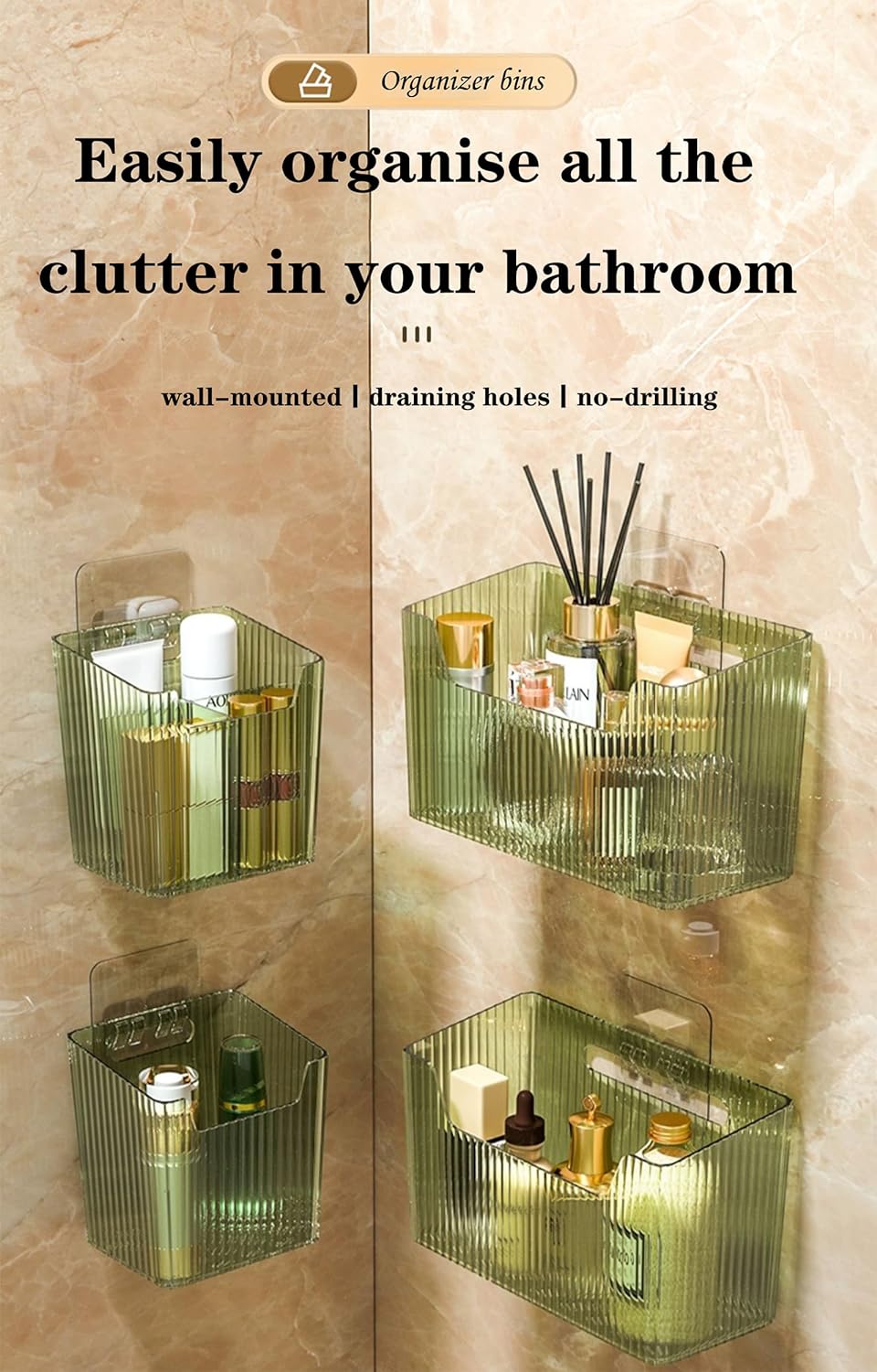 Set Of 2 Storage Organizer Bins Wall Mounted Shower Basket, Shower Caddy Stackable Clear Plastic Makeup Organizer Adhesive Hanging Bin for Bathroom, Kitchen, Cabinet, Pantry, BPA Free, Green