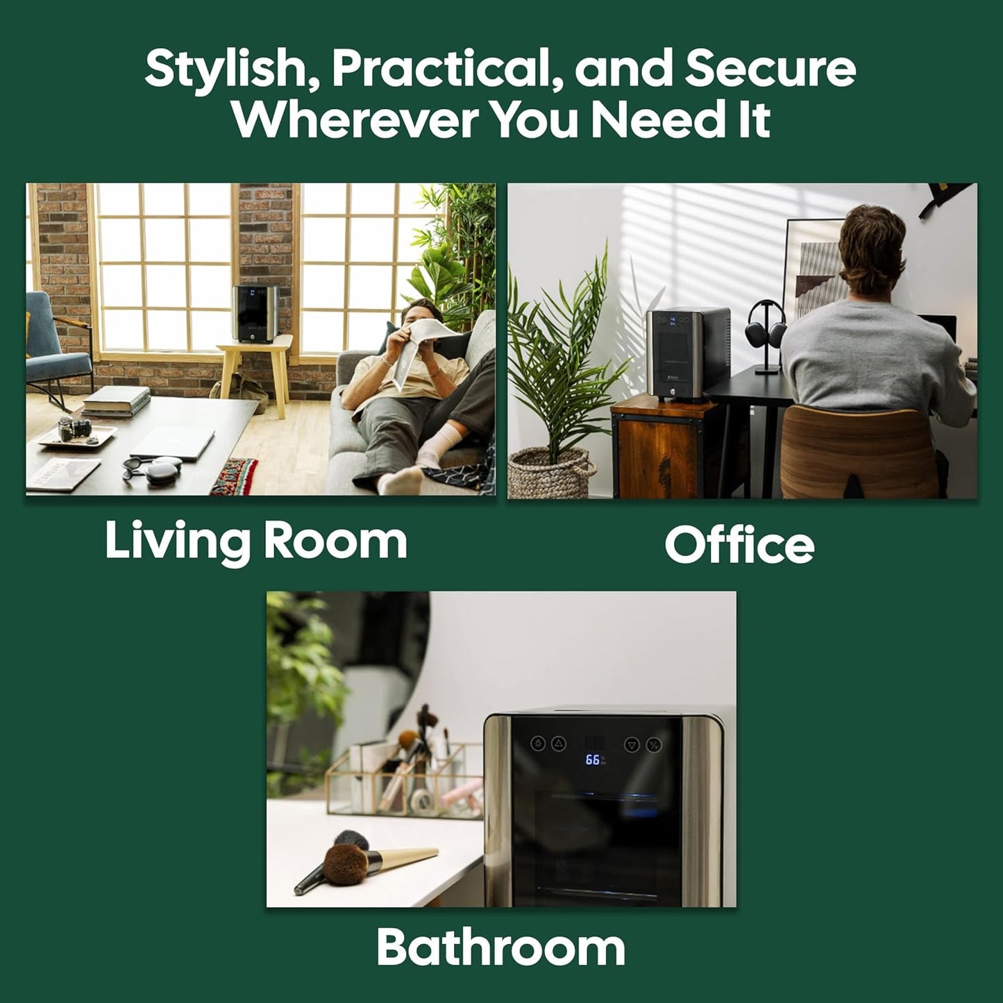 Essential Cooler Compact Portable Mini Fridge with Temp & Humidity Control, 3 USB Ports, Smoked Glass Shelves, Lockable UV Glass Door for Herbs, Oils, Cosmetics, and More