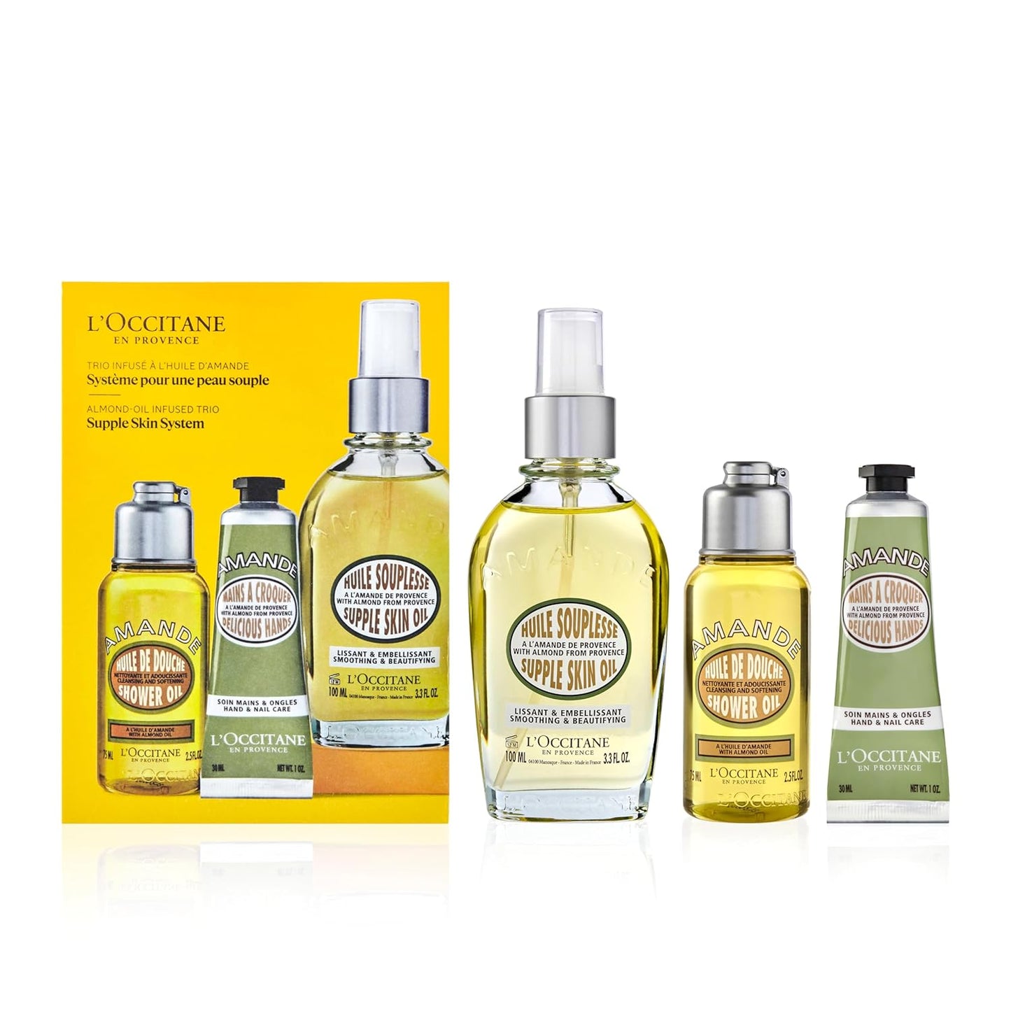 L'OCCITANE Supple Skin System: Hydrate & Soften, Almond Oil Infused Trio Featuring Almond Supple Skin Oil, Almond Shower Oil, and Almond Delicious Hand & Nail Care Lotion, Bath and Body Gift Set
