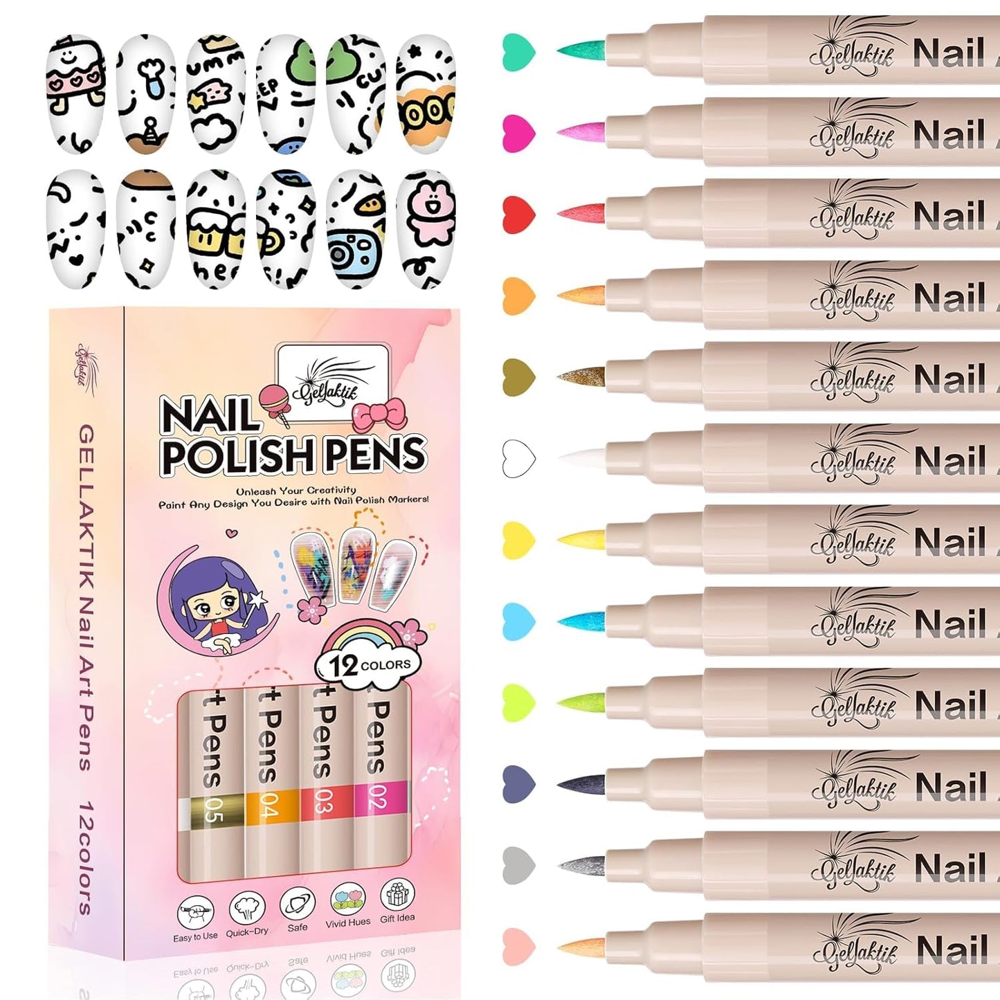 12 Colors Nail Art Pens Set, 3D Nail Color Pens, Quick-Drying Acrylic Paint Markers, Dotting Liner Brush for DIY Nail Design, Home & Salon Manicure Tools