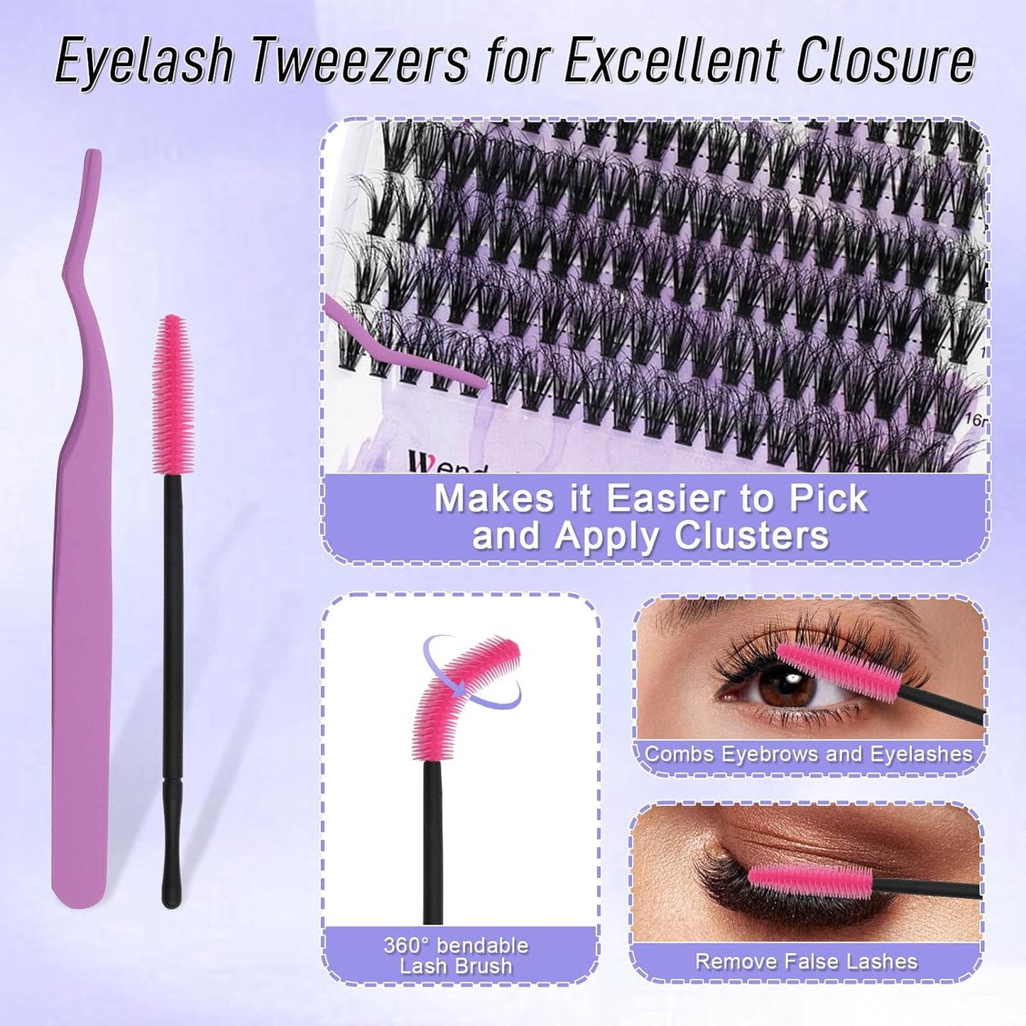 Lash Clusters Kit for Using at Home: Ultra-light, DIY, Natural, Fluffy, Wispy, Waterproof, Anime, Manga, Cat Eye, 3D Curl, 12-16mm, 60P+80P, Wendy, RT318