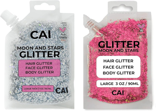 Face, Body & Hair Glitter Gel – Halloween Glitter for Kids and Women – 3 Oz Cosmetic-Grade Gel w/Moon & Stars for Festivals & Halloween Party, Easy Apply & Wash Off - Silver/Pink 2Pack