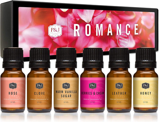 P&J Fragrance Oil Romance Set | Honey, Rose, Leather, Warm Vanilla Sugar, Berries & Cream, Clove Candle Scents for Candle Making, Freshie Scent, Soap Making Supplies, Diffuser Oil Scents