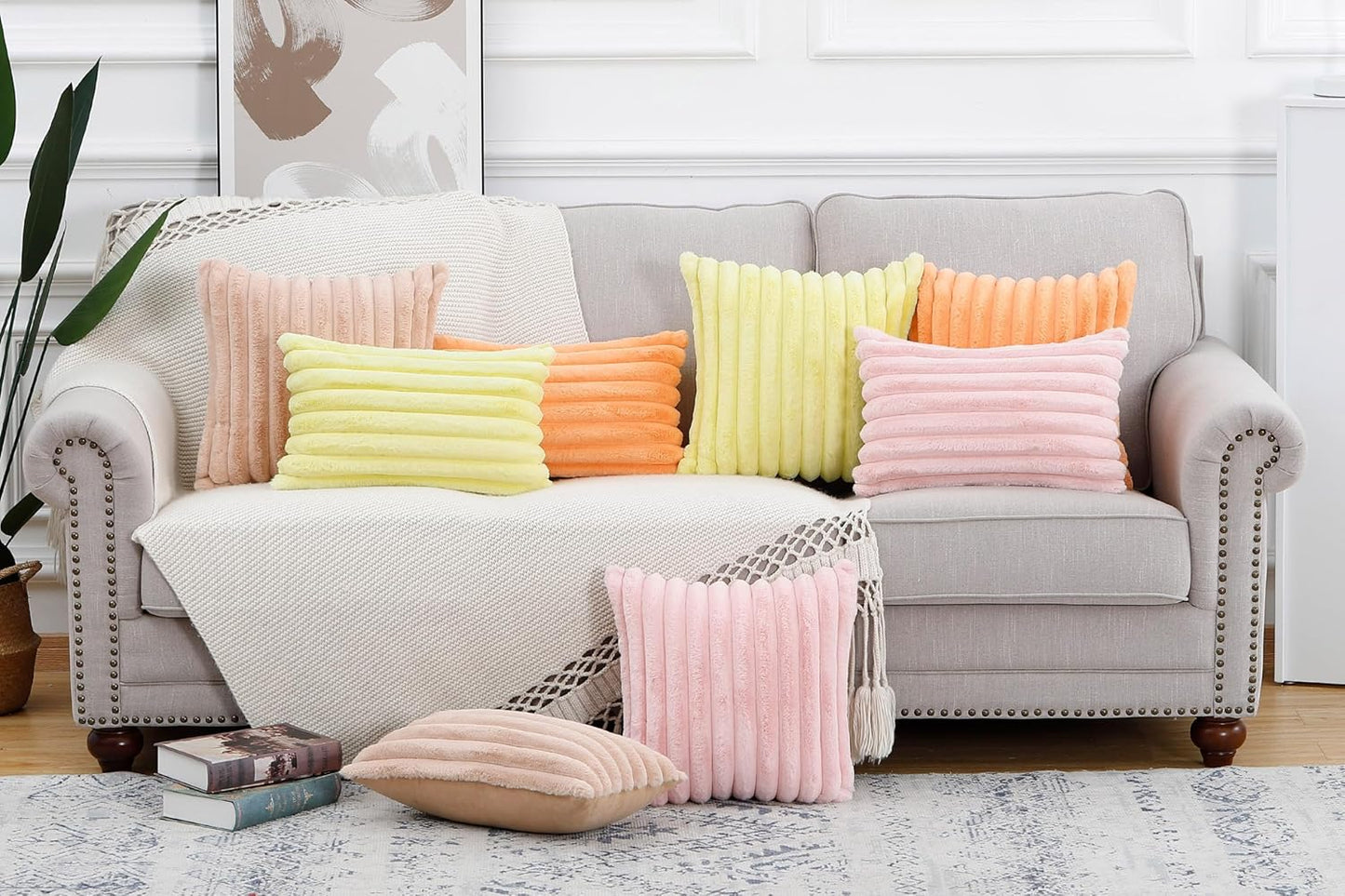 MADIZZ Set of 2 Faux Wool Plush Decorative Throw Pillow Covers 12x20 Inch Light Brown Fluffy Striped Soft Decorative Cushion Cover for Sofa Bedroom Pillow Shell