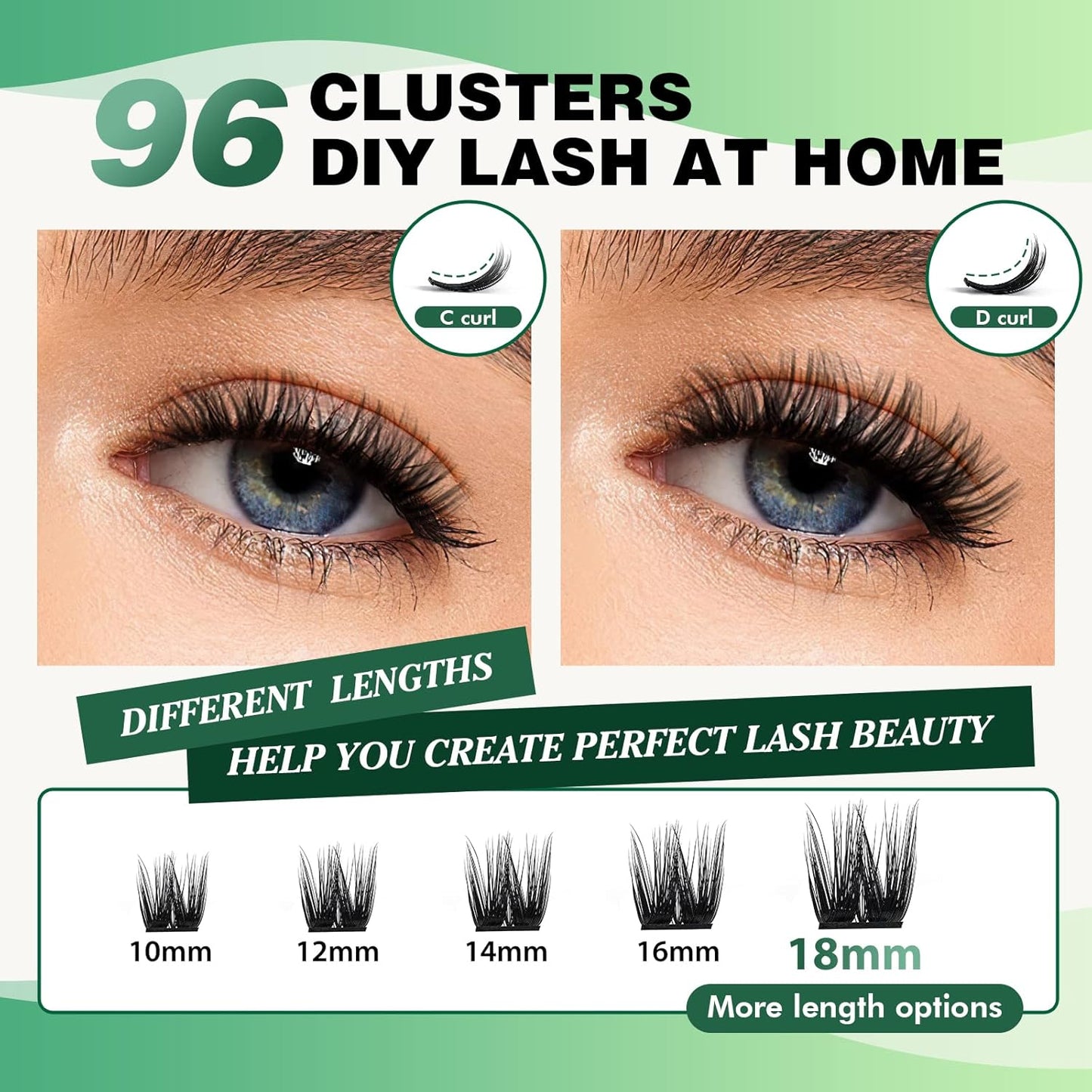 Lash Clusters,96 Pcs Cluster Lashes D Curl 18mm DIY Lash Extensions Eyelash Clusters,KEYYOU Volume Wispy Individual Lashes Soft&Comfortable Easy DIY at Home(Y10,D-18mm)