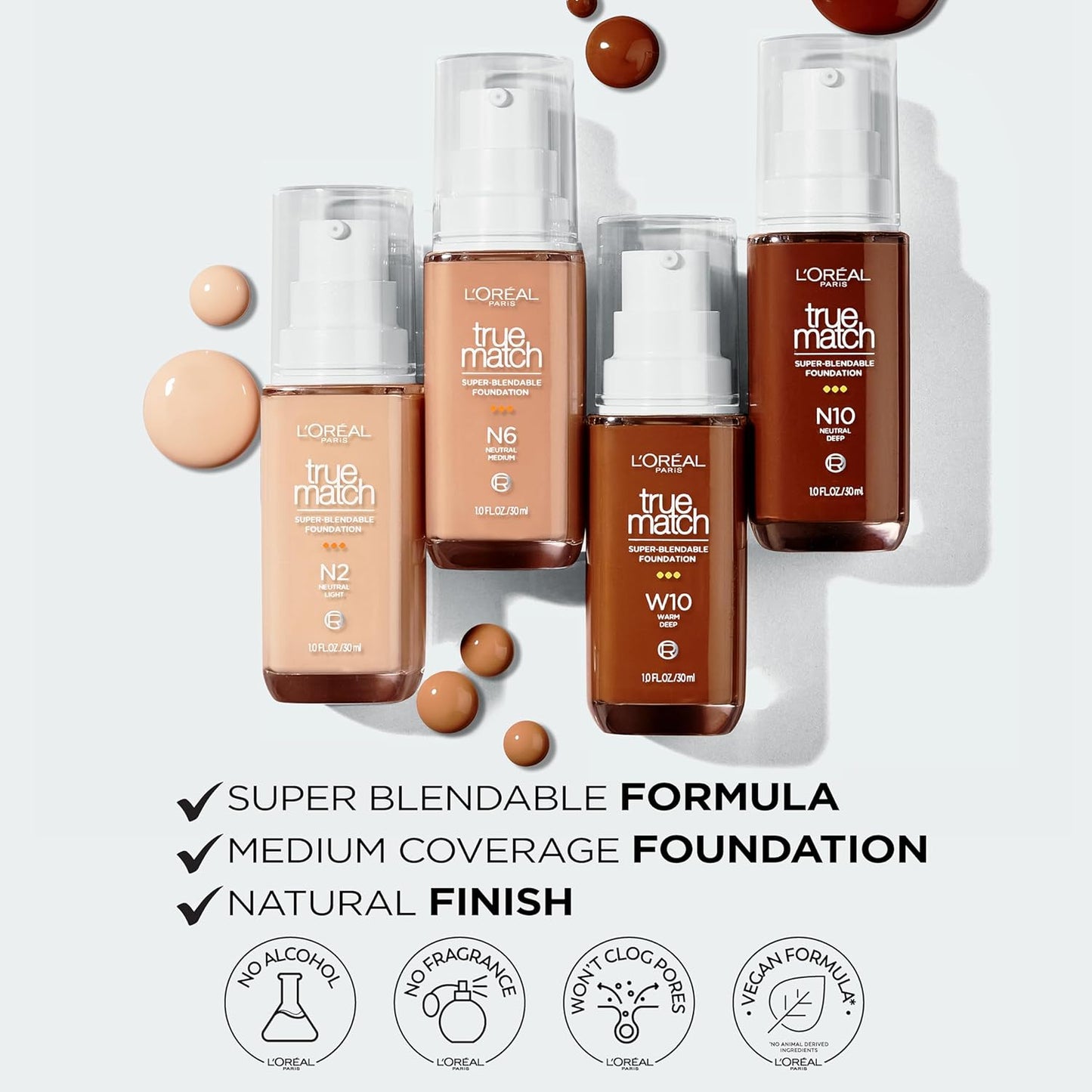 L'Oreal Paris True Match Super-Blendable Foundation, Medium Coverage Liquid Foundation Makeup, N8, Medium Deep, 1 Fl Oz