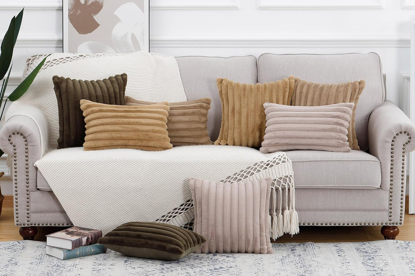 MADIZZ Set of 2 Faux Wool Plush Decorative Throw Pillow Covers 16x16 Inch Drak Brown Fluffy Striped Soft Decorative Cushion Cover for Sofa Bedroom Pillow Shell