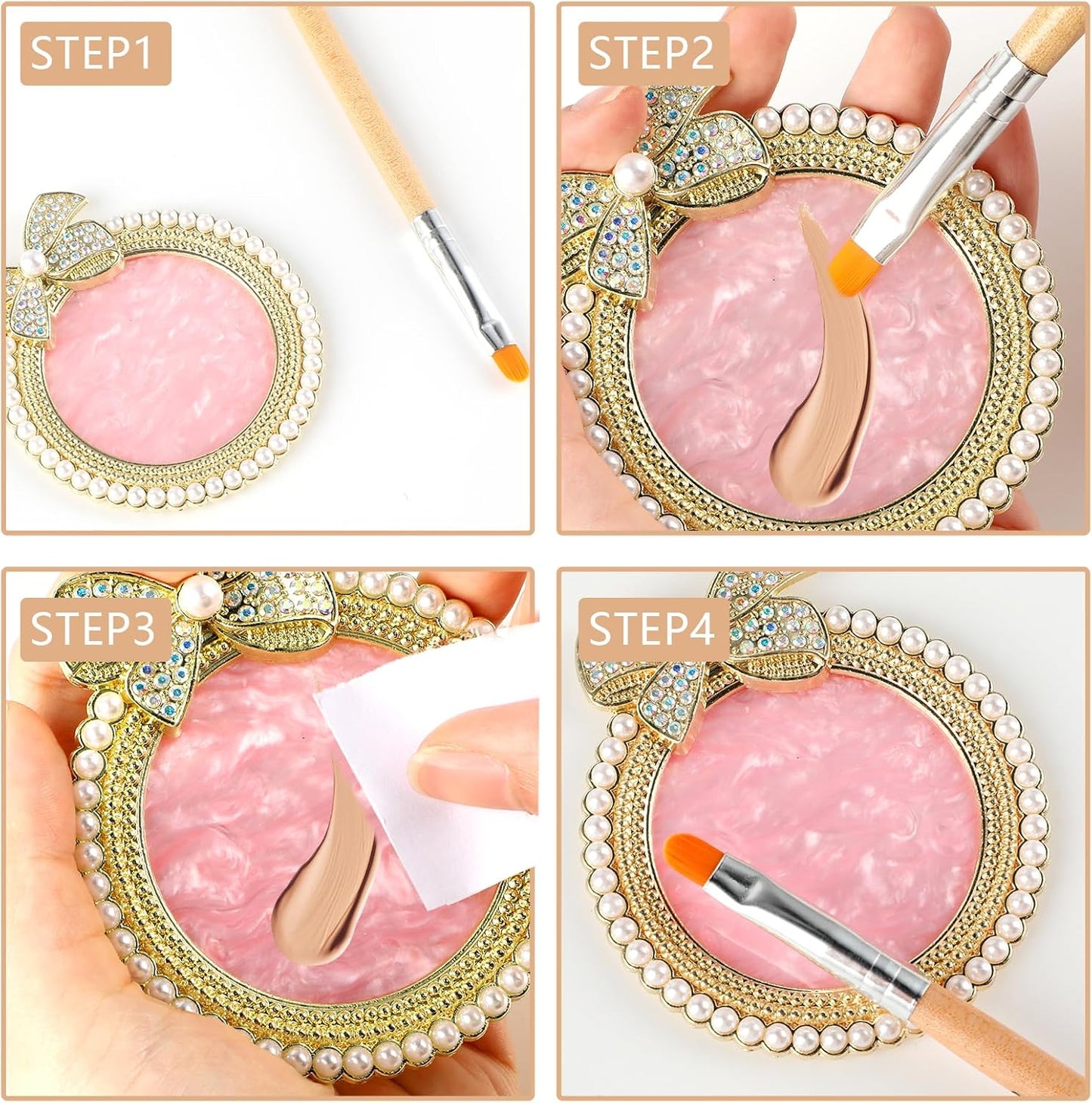 Resin Nail Art Palette, Nail Art Painting Mixed Color Palette Bow Decorated Nail Art Display Board with Pearls Nail Art Supplies Makeup Foundation Mixing Palette Manicure Tool