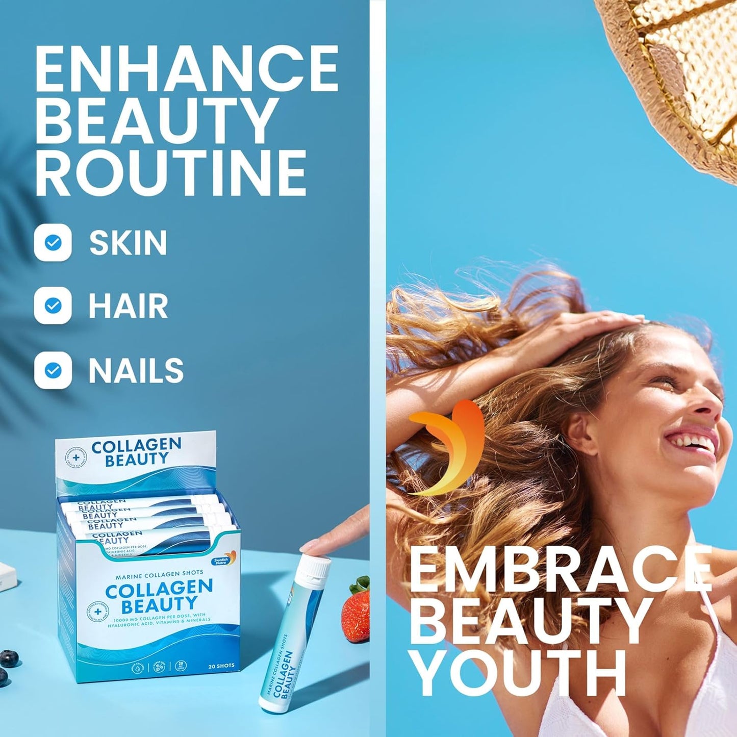 Swedish Nutra - Collagen Beauty | 10,000 mg Hydrolyzed Marine Collagen Liquid Supplement - 20 x 25 ml Daily Shots | Hyaluronic Acid and Vitamin C to Support Healthy Hair, Skin, Nails | Sugar-Free