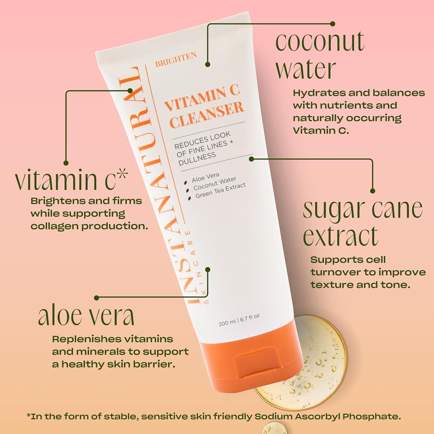 InstaNatural Vitamin C Cleanser | All Natural Face Wash, Brightens Skin, Good for Uneven Texture, USA Made with Coconut Water and Aloe Vera, 6.7 FL Oz