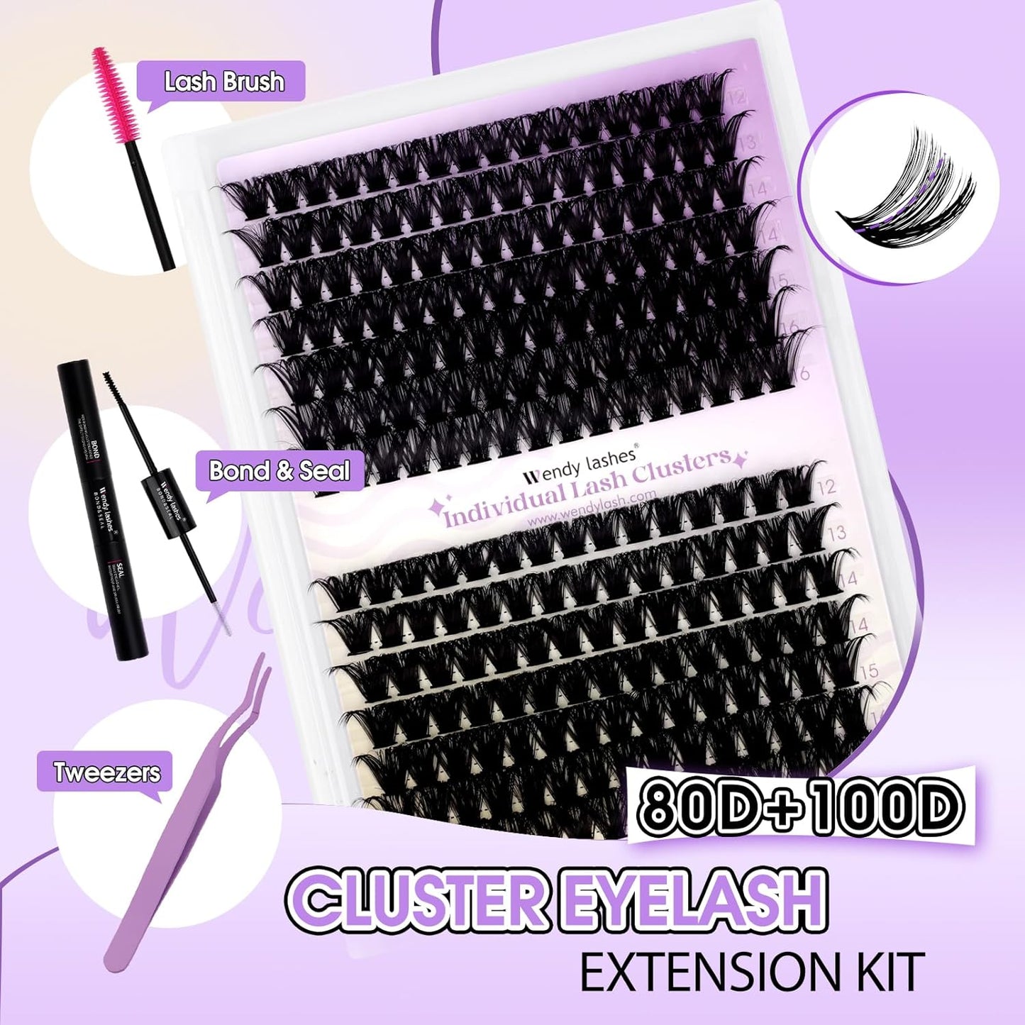 Lash Clusters Kit for Using at Home: Ultra-light, DIY, Natural, Fluffy, Wispy, Waterproof, Anime, Manga, Cat Eye, D Curl, 12-16mm, 80P+100P, Wendy, RT318
