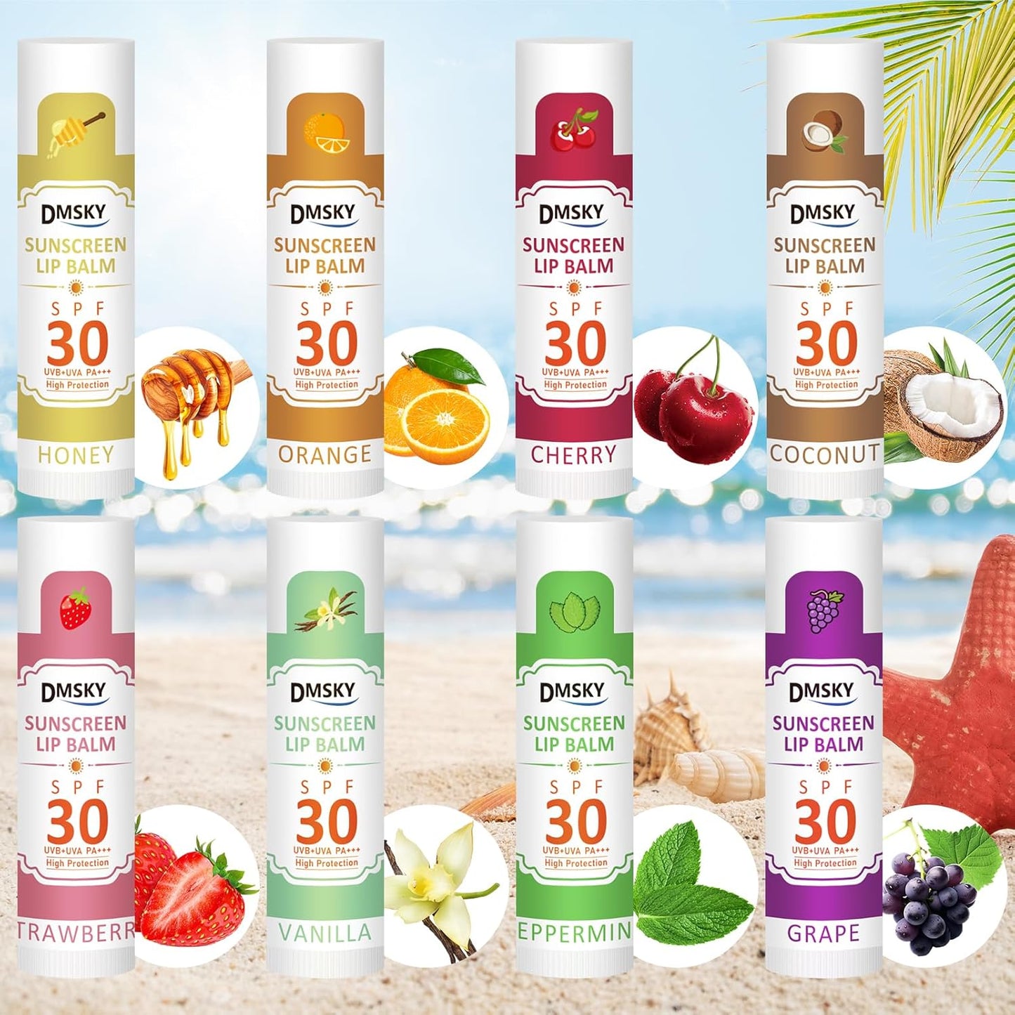 Dmsky 32 Pack Lip Balm Bulk，SPF 30 Lip Balm with Sunscreen,Hydrating Lip Balm Pack with Vitamin E and Coconut Oil- 8 Flavors, B-32 Count