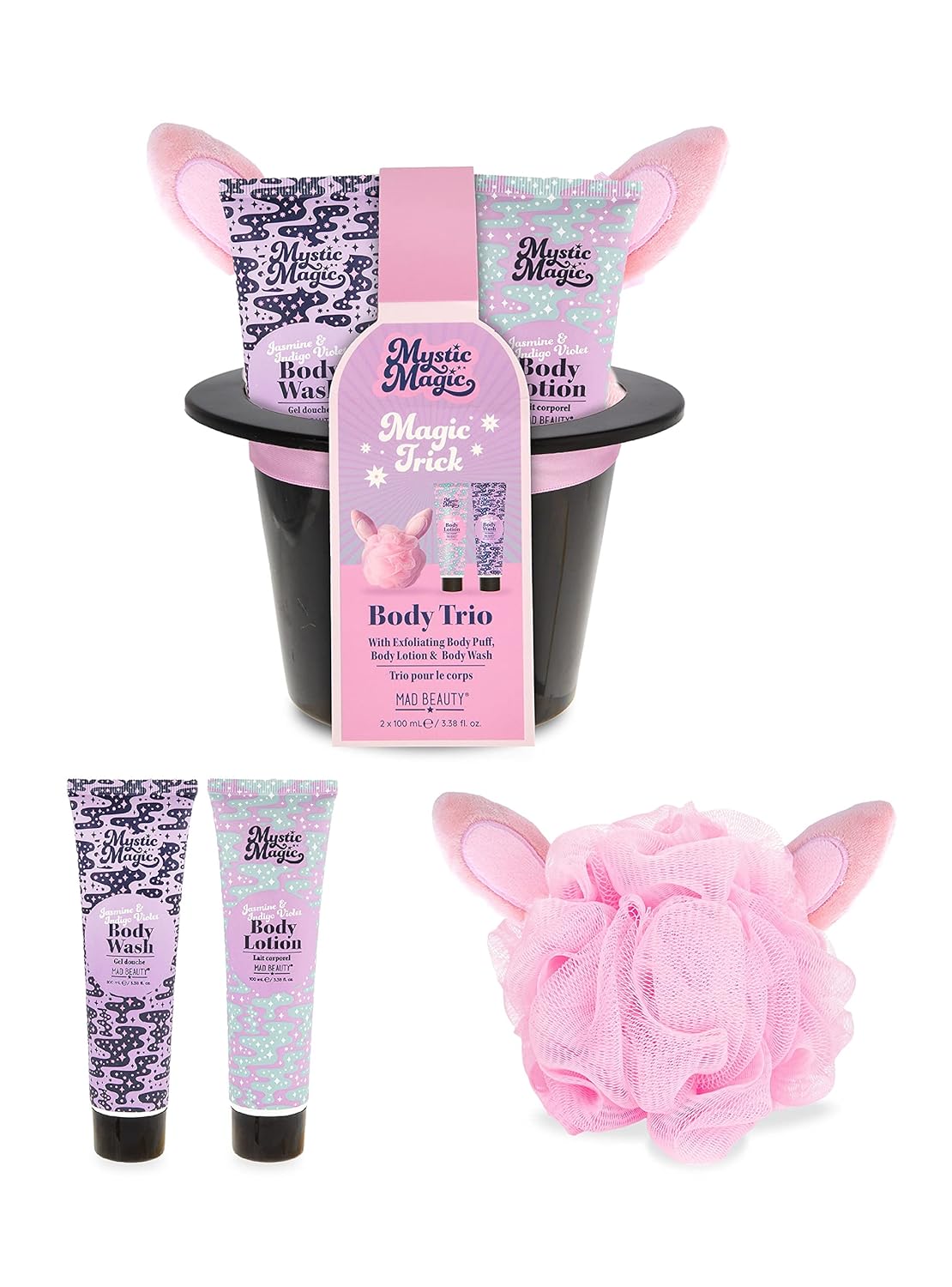 MAD BEAUTY Mystic Magic Rabbit in the Hat Body Trio, 3-in-1 Bath Kit: Exfoliating Loofah, Body Lotion, & Body Wash, Gorgeous Jasmine & Indigo Violet, Relax & Unwind, Great Self-Care Gift Set