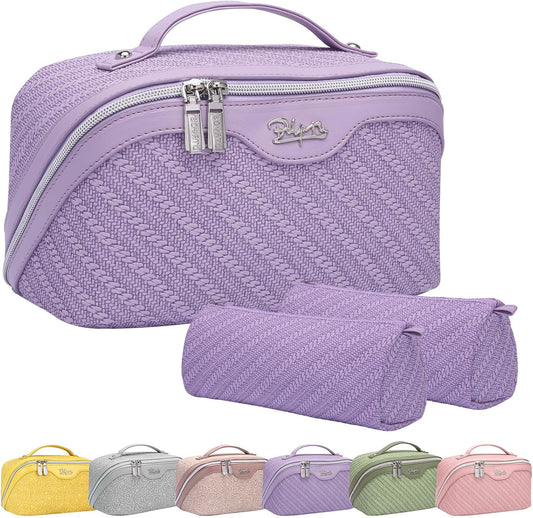 BOYATU Travel Makeup Bags for Women: Large Cosmetic Bag Waterproof - Vegan Leather Make up Bag Set of 3 - Compact Toiletry Organizer with Compartments & Handle & Divider (Z-Purple)