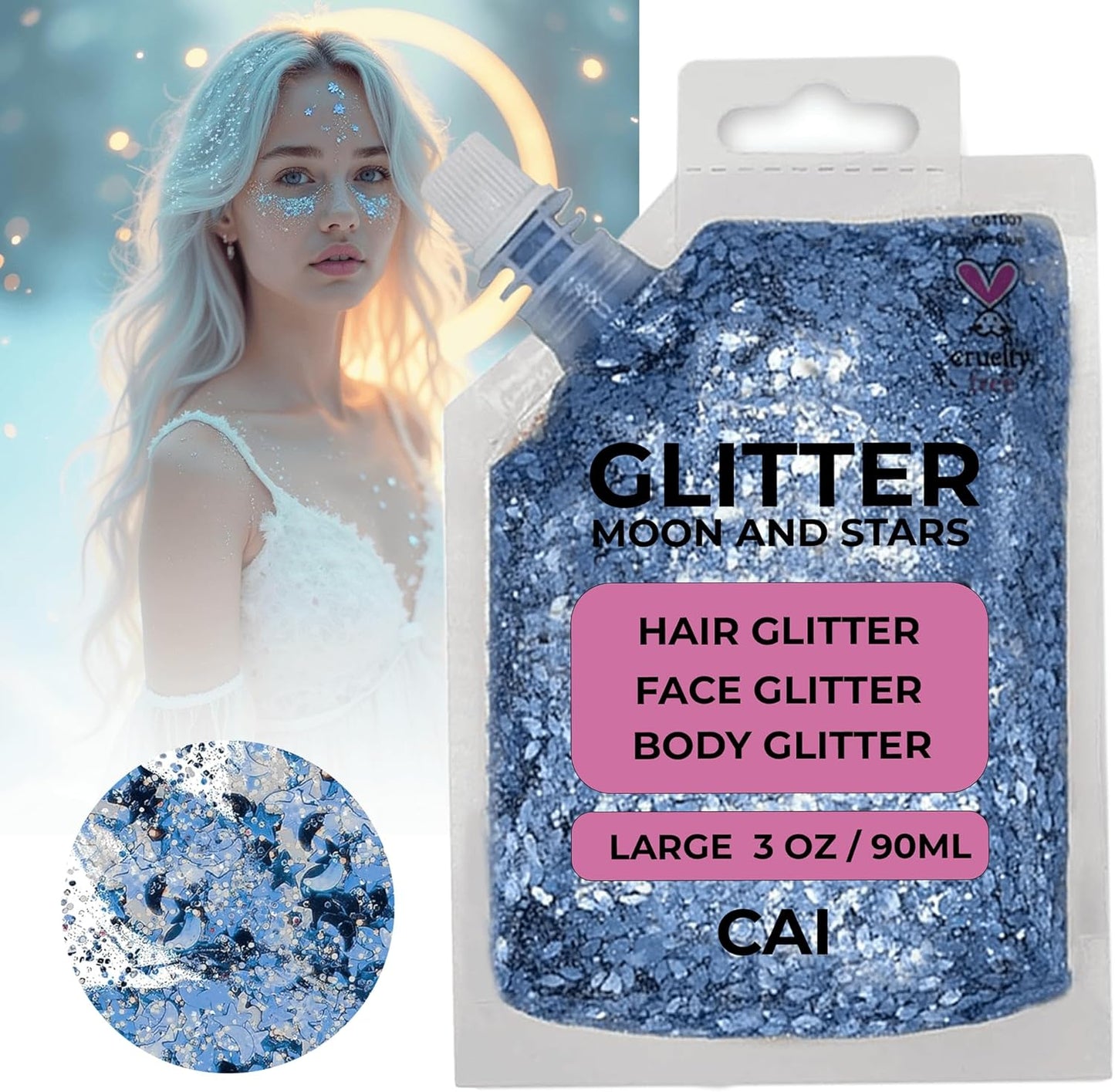 Face, Body & Hair Glitter Gel – Halloween Glitter for Kids and Women – 3 Oz Cosmetic-Grade Gel w/Moon & Stars for Festivals & Halloween Party, Easy Apply & Wash Off - Blue/Silver 2Pack