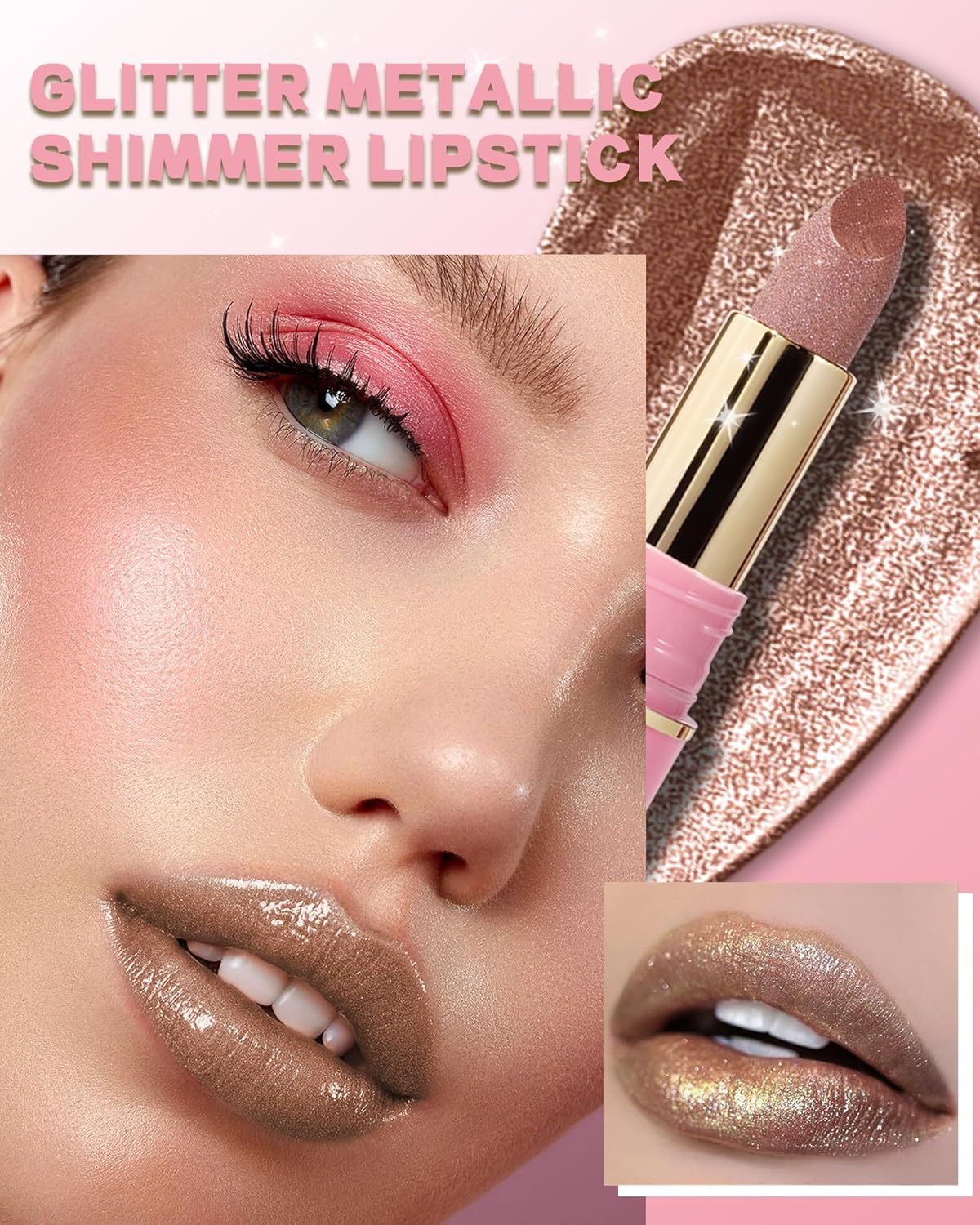 Glitter Metallic Shimmer Lipstick Long Lasting,Glitter Diamond Shine Red Color Matte Lipstick Transfer Proof Non-Stick Lip Gloss Shimmer Highly Pigmented Full Coverage Lip Makeup for Women-01