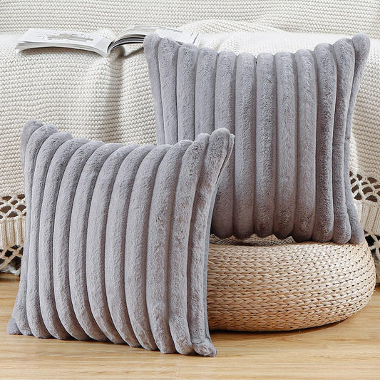 MADIZZ Set of 2 Faux Wool Plush Decorative Throw Pillow Covers 20x20 Inch Grey Fluffy Striped Soft Decorative Cushion Cover for Sofa Bedroom Pillow Shell