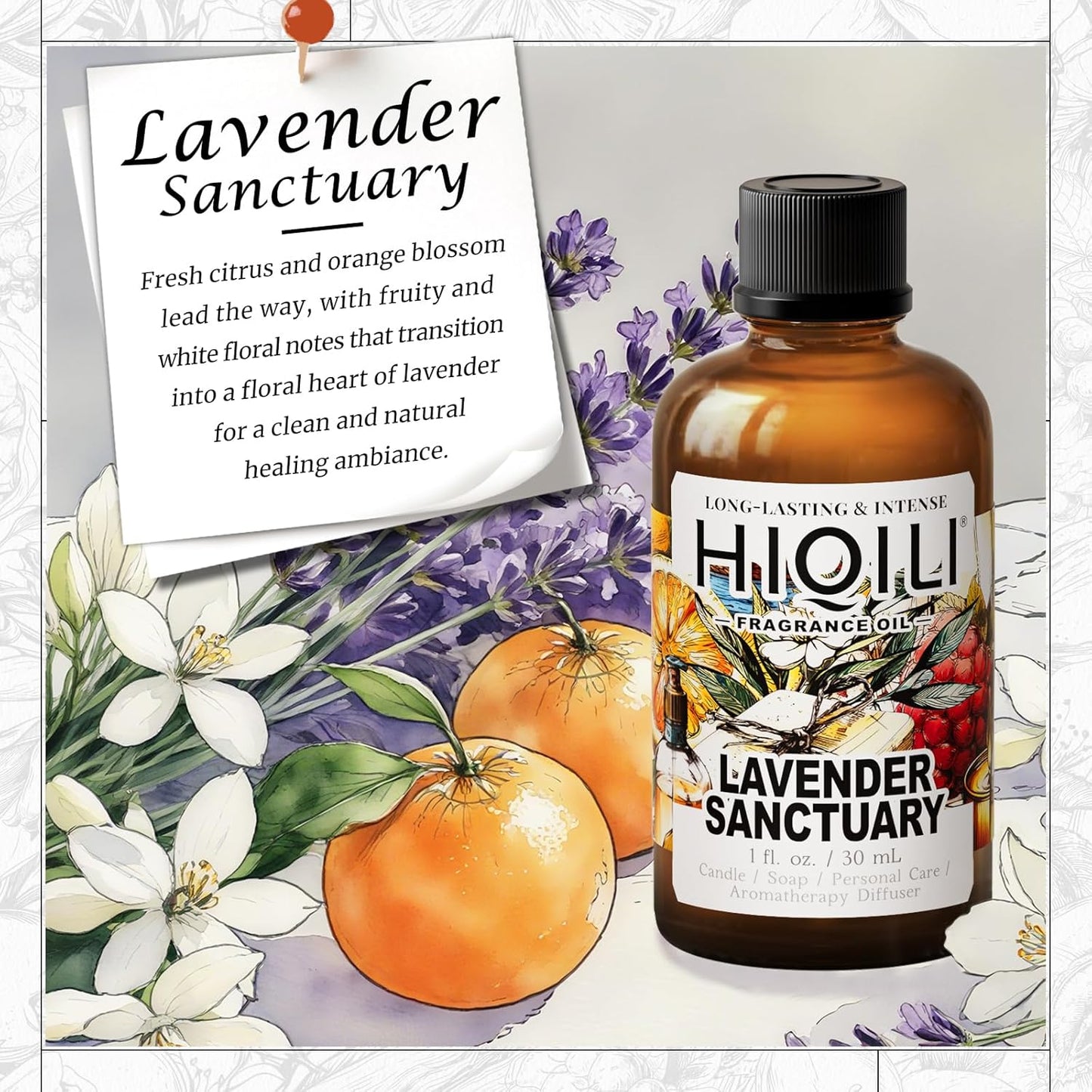 HIQILI Lavender Sanctuary Fragrance Oil for Diffuser, Candle & Soap & Perfume Making, for Hotel and Home, Essential Oil, Long-Lasting Aroma - 1fl oz