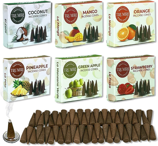 Trumiri Fruity Incense Cones - Variety Pack - Total 60 Cone Incense (6 Scents x 10 Conos) - Strawberry, Coconut, Pineapple, Apple, Mango, Orange - Cone Incense Scents - Insense Cones - Incent Cone
