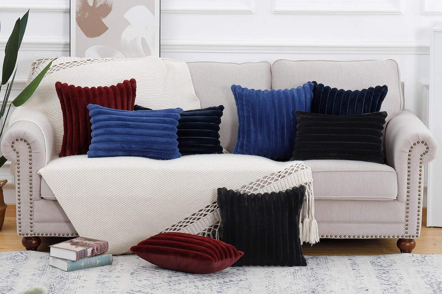 MADIZZ Set of 2 Faux Wool Plush Decorative Throw Pillow Covers 12x20 Inch Black Fluffy Striped Soft Decorative Cushion Cover for Sofa Bedroom Pillow Shell