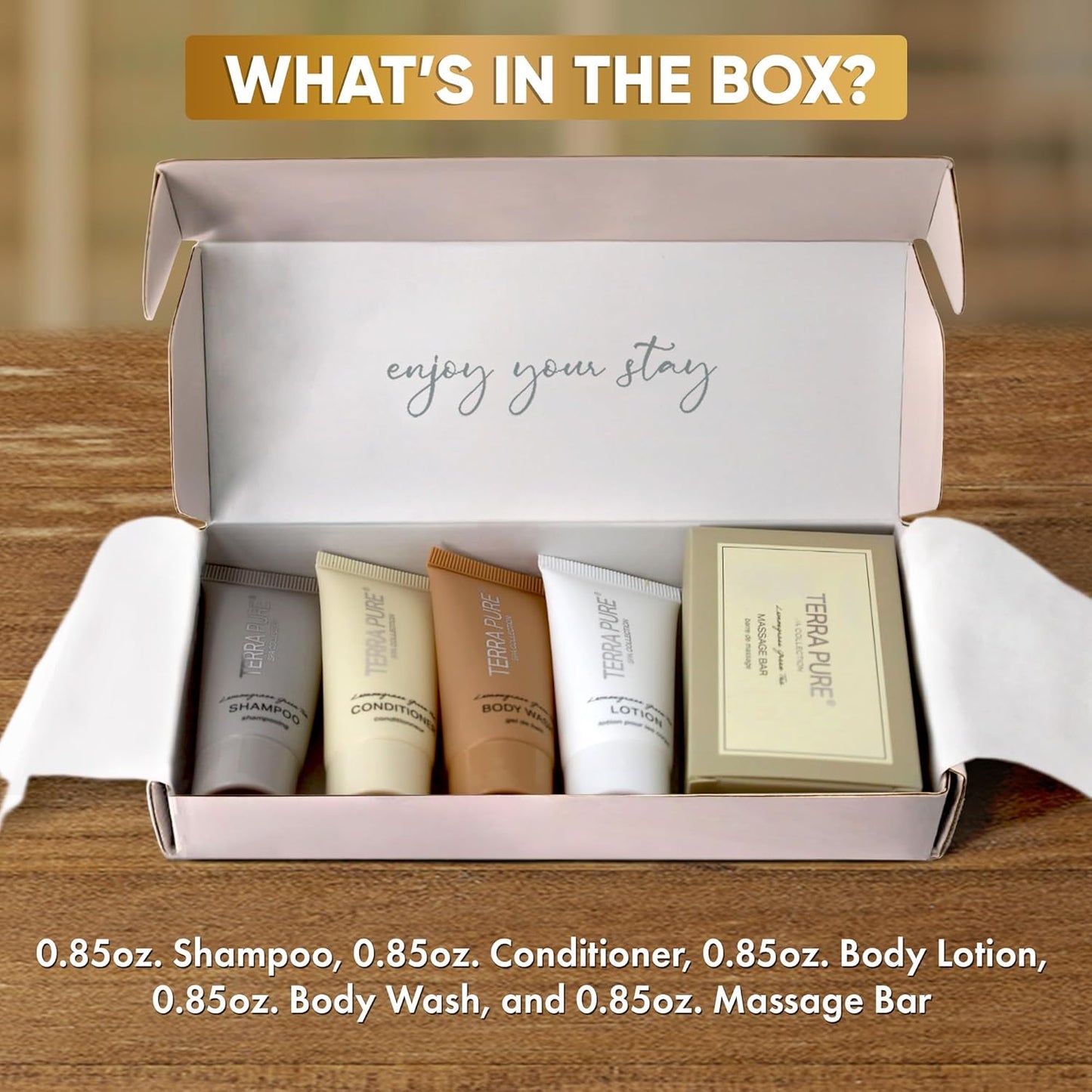 Terra Pure Spa Collection Amenity Kit | Hotel Toiletries | Bulk Set 0.85 oz Travel Size Shampoo,Conditioner, Lotion, Body Wash & Massage Bar for Guest Hospitality AirBnB/Vacation Rentals |1 set/ case