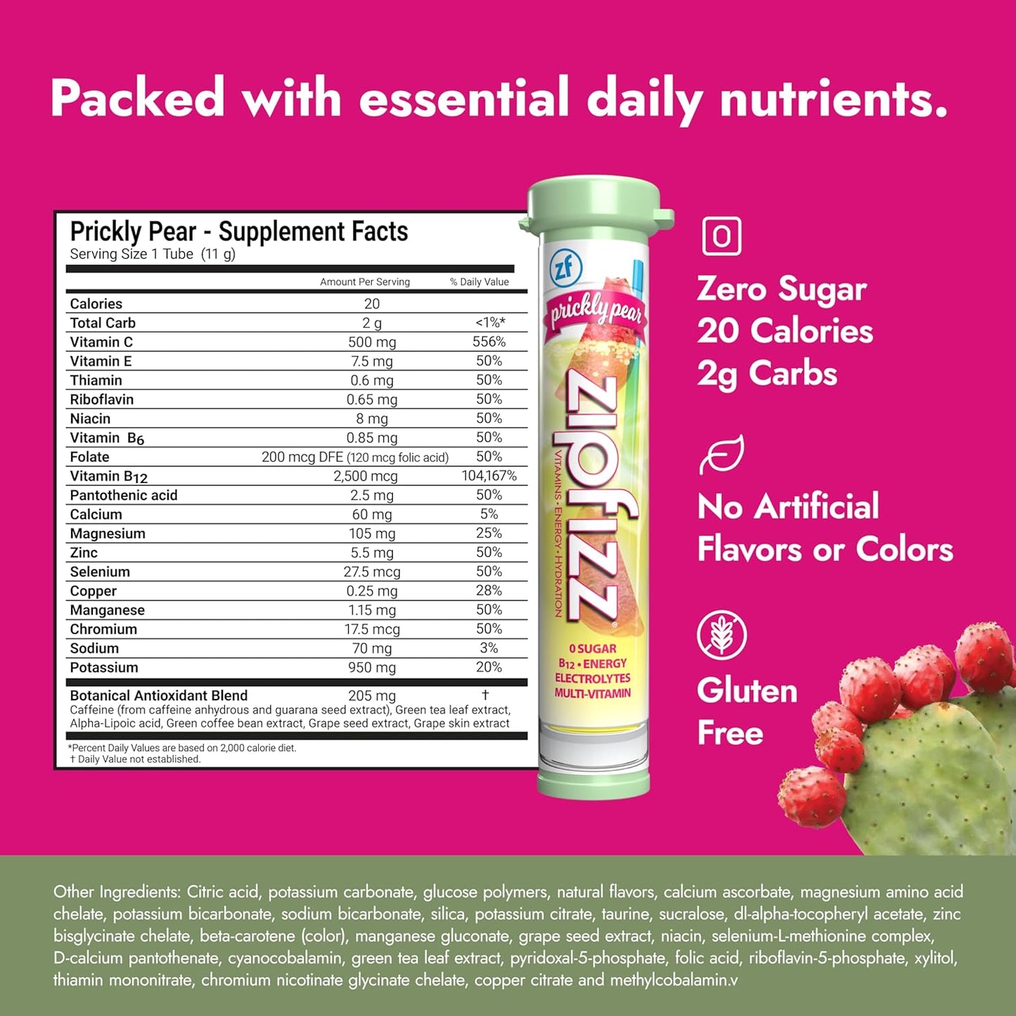 Zipfizz Daily Energy Drink Powder, Prickly Pear, 20 Pack | 3-in-1 Sustained Energy, Rapid Hydration, and Essential Vitamins | Sugar-Free | Electrolyte Powder | Contains Vitamin B-12 & Antioxidants