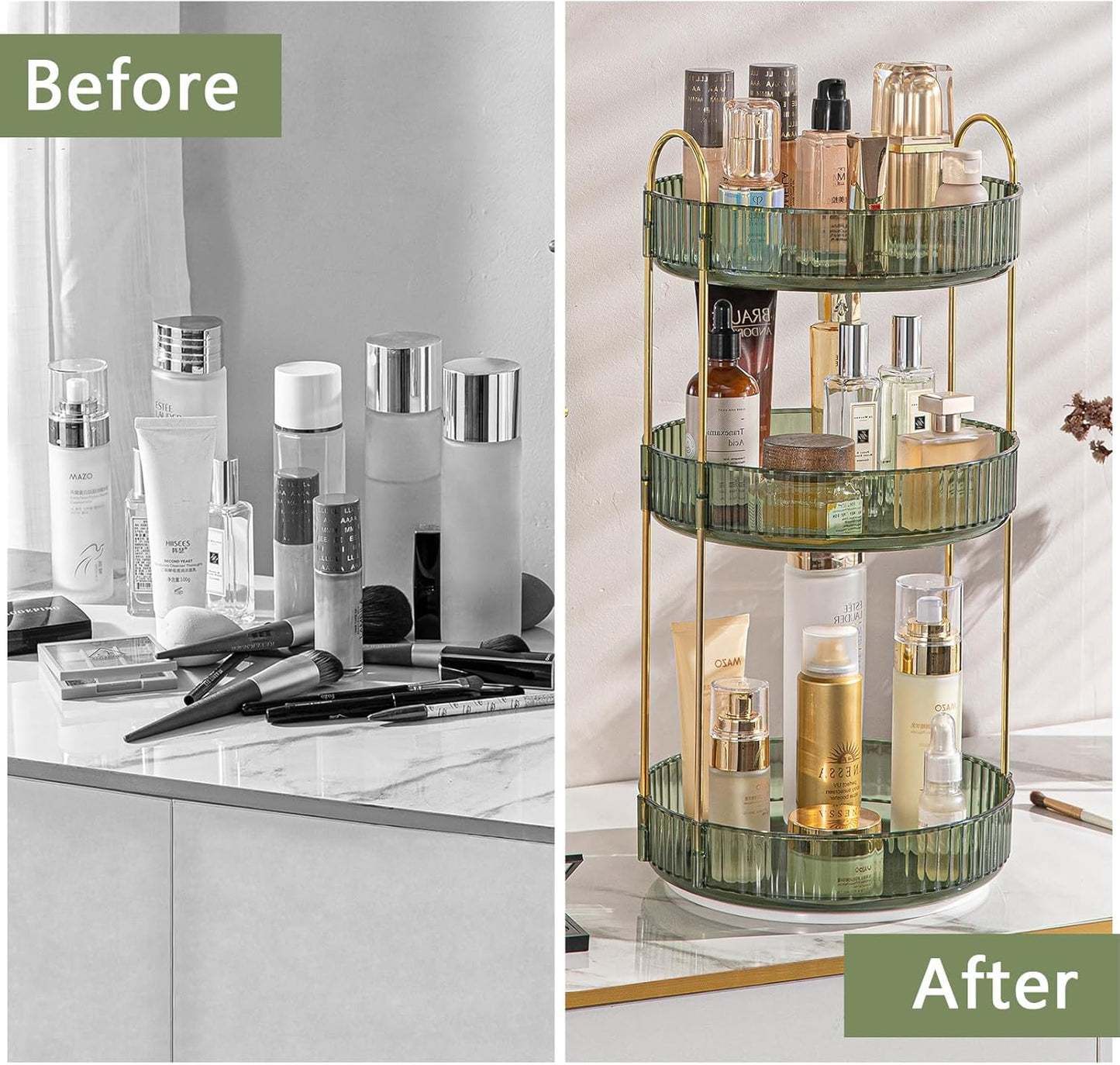 Rotating Makeup Organizer for Vanity, High-Capacity Skincare Clear Make Up Storage Perfume Organizers Cosmetic Dresser Organizer Countertop 360 Spinning (Green, 3 Tier)