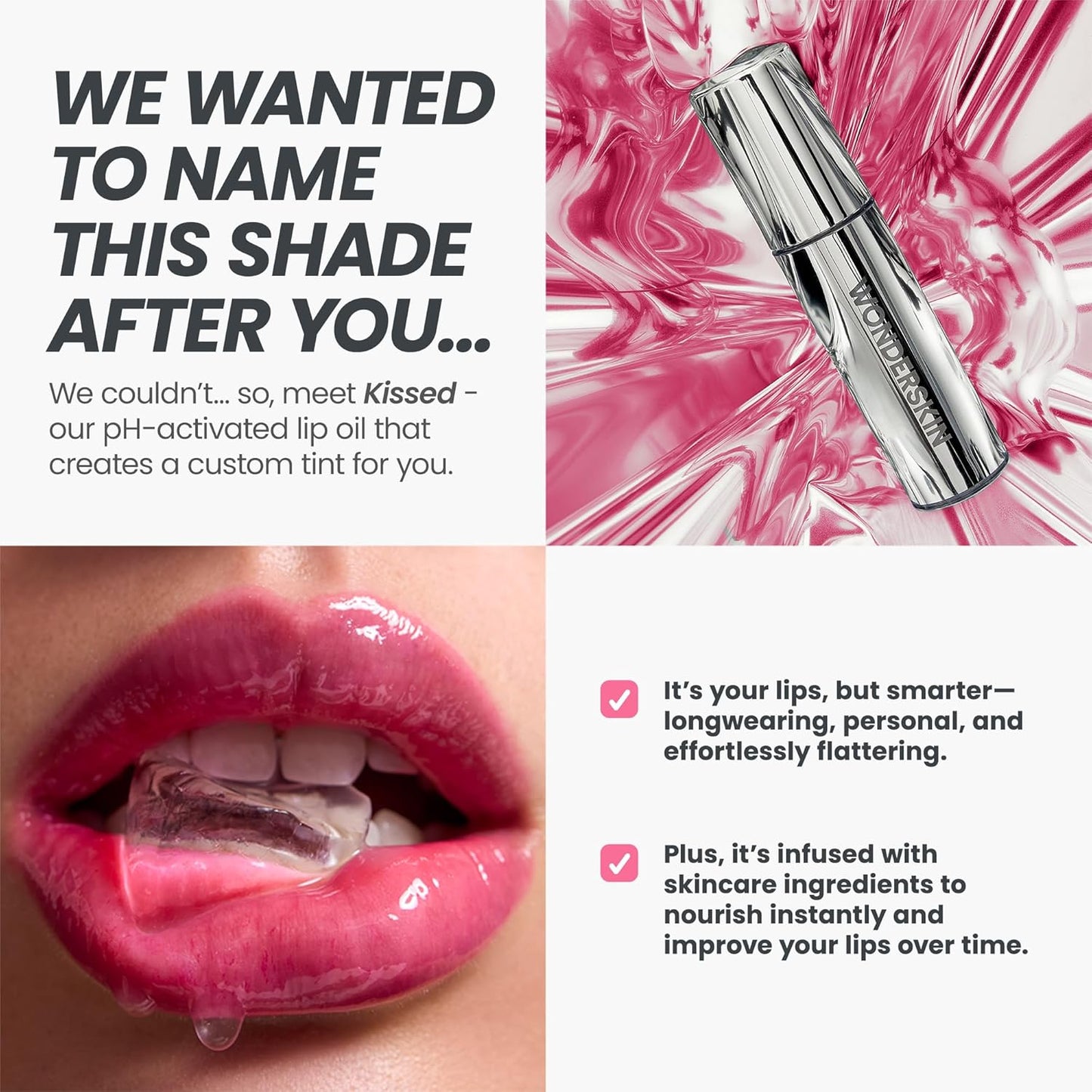 Wonderskin Lip Oil Rehab Serum - Color Changing Lip Oil from Clear to Pink - PH-activated, Non-sticky & Hydrating Tinted Serum for Dry Lips (Kissed)