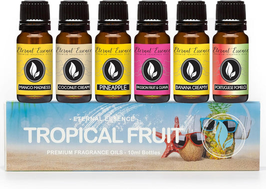 Eternal Essence Oils Tropical Fruit Set of 6 Premium Fragrance Oils - Includes Mango, Coconut Cream, Pineapple, Passion Fruit & Guava, Banana and Portuguese Pomelo Scented Oils - 10ML