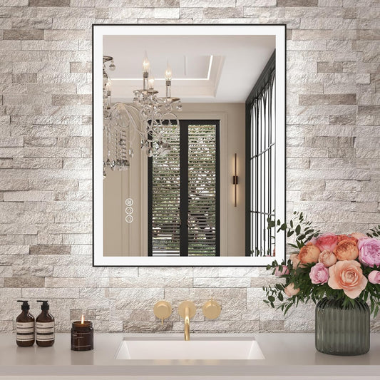 Amorho 28"x 36" LED Bathroom Mirror with Black Frame, Front Light and Backlit(Controlled Separately), Stepless Dimmable, Anti-Fog, Shatter-Proof, 3 Colors, Memory