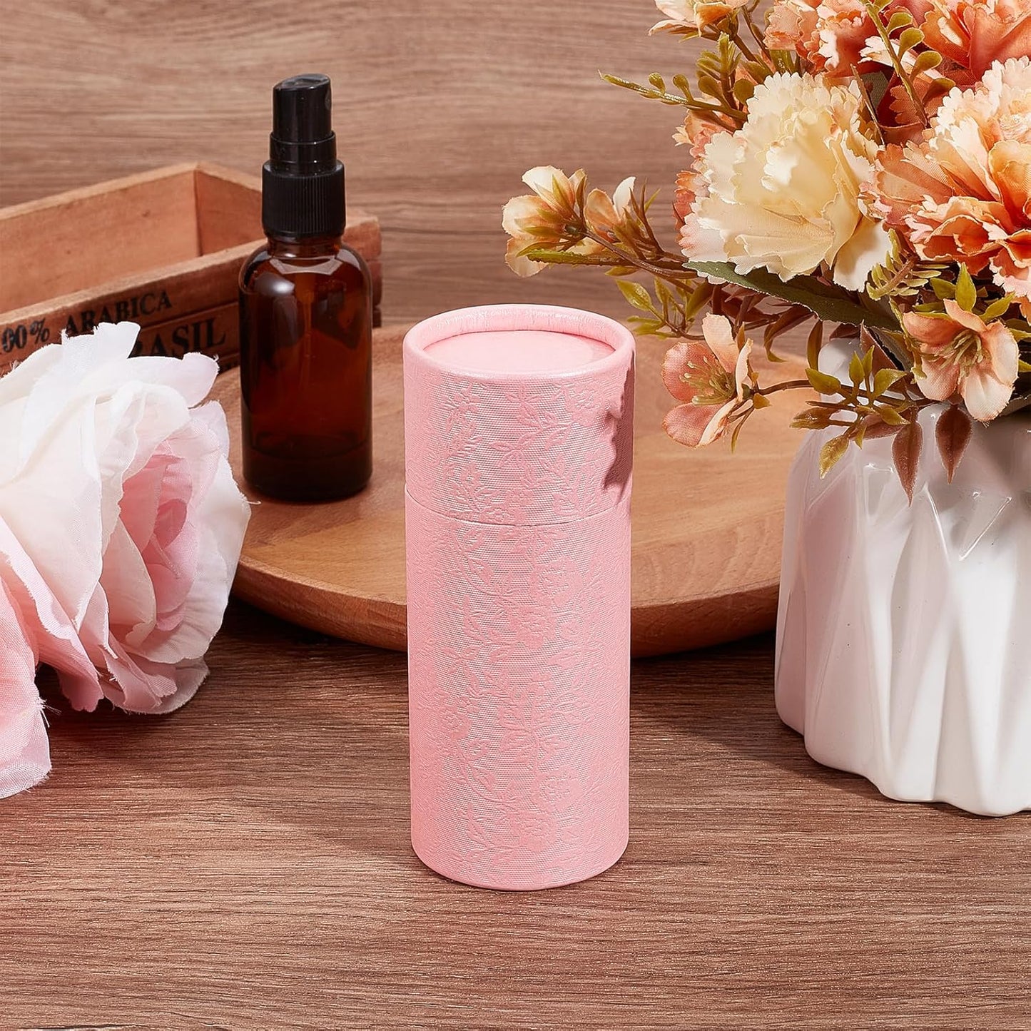 NICENEEDED 10 Pcs 30ml Empty Kraft Paper Jar Tube, Pink Round Paper Cardboard Containers With Lid, Essential Oil Bottle Packaging Case Gift Paper Tube for Pencils Tea Caddy Coffee Cosmetic Crafts