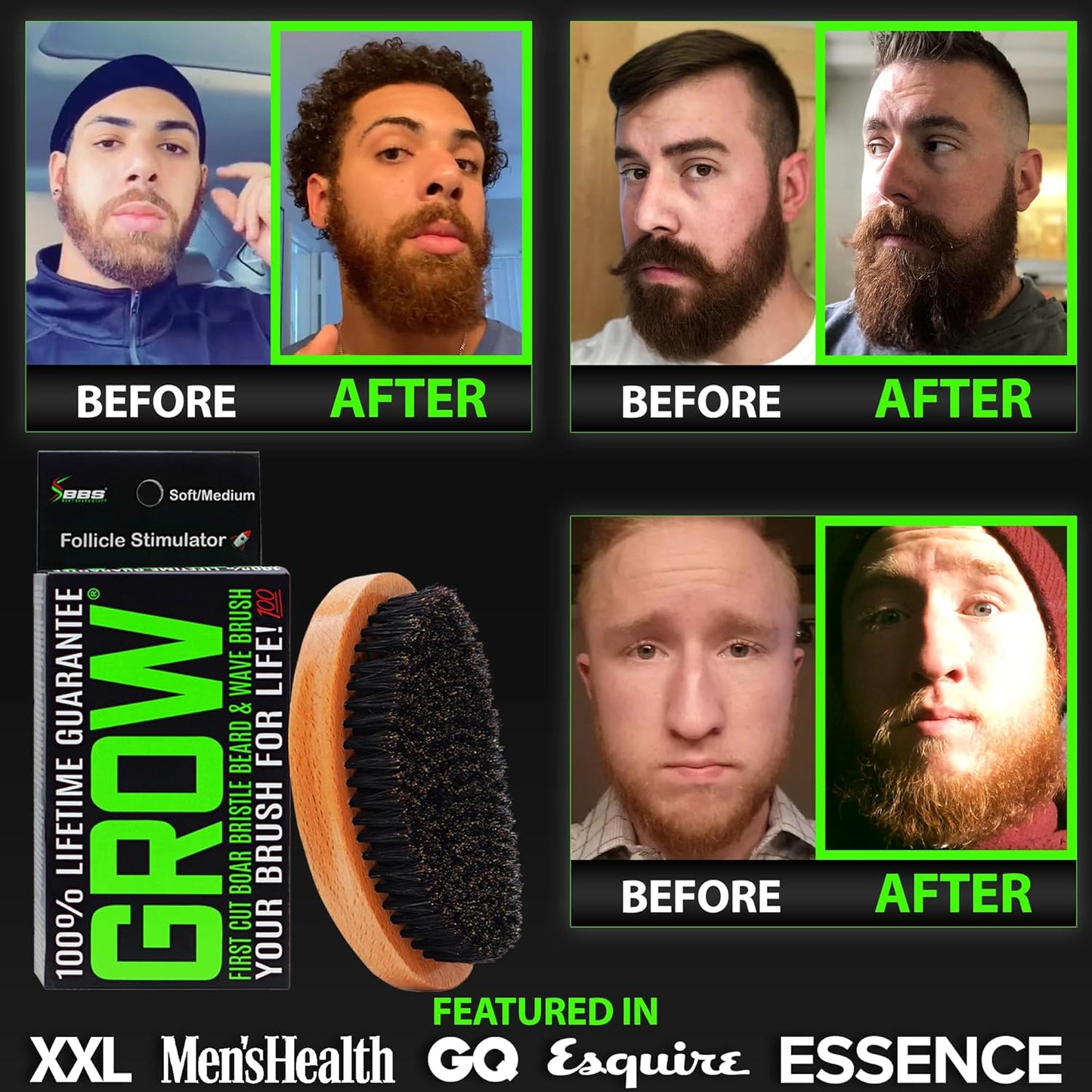 GROW Boar Bristle Beard Brush & 360 Wave Brush for Men – Beard and Mustache Growth Brush – Beard Brush for Men & Follicle Stimulator – Exfoliate, Detangle & Boost Circulation – USA Made
