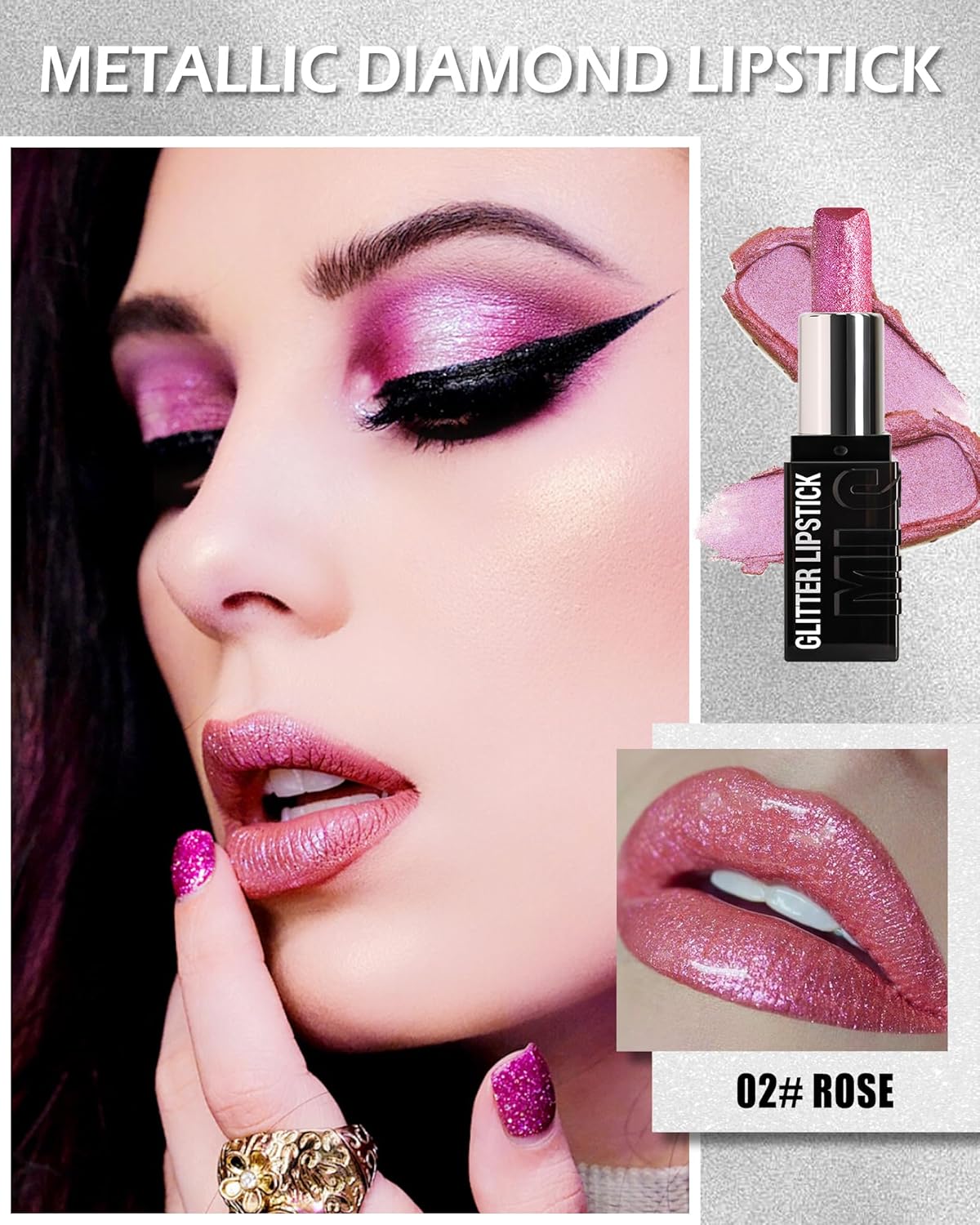 Diamond Glitter Matte Lipstick,Long Lasting Waterproof Pink Metallic Sparkling High Pigment Non-Stick Lip Stain Tint Lip Gloss,Full-coverage Lipgloss,Mother's Day Lip Makeup Gift for Women Girl-02