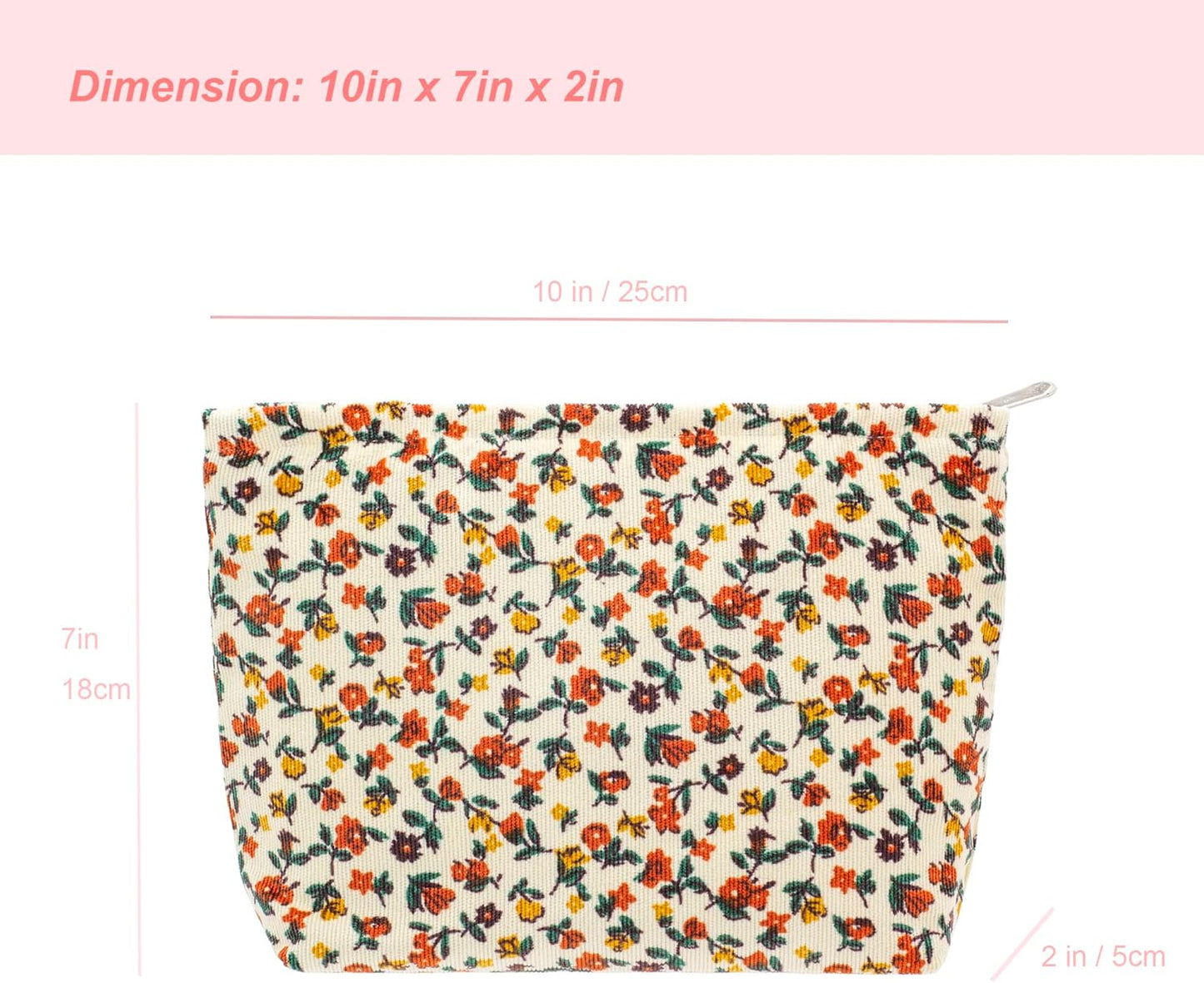 PAZIMIIK Makeup Bag Large Zipper Corduroy Make Up Pouch for Purse Travel Canvas Cosmetic Organizer for Women Brush Storage,Floral White