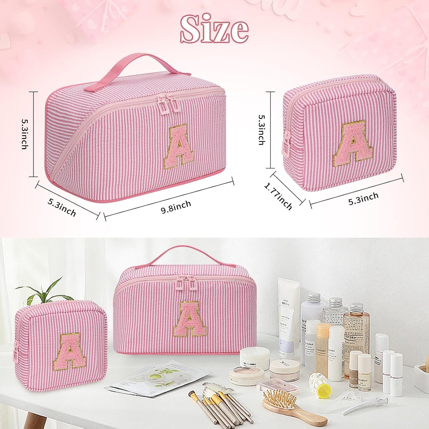 Travel Makeup Bag for Women, 2Pcs Portable Personalized Initial Makeup Organizer Bag, Open Flat Large Cosmetic Bag With Travel Essential Pouch (Pink Letter G)