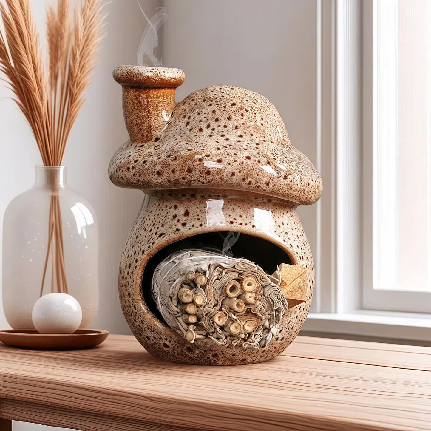 Mushroom Incense Holder, Brown Ceramic Palo Santo Holder Burner & Sage Holder - Mini Tabletop Chiminea Burner Tray with Ash Catcher, Cute Mushroom Decorations for Spiritual Meditation & Yoga
