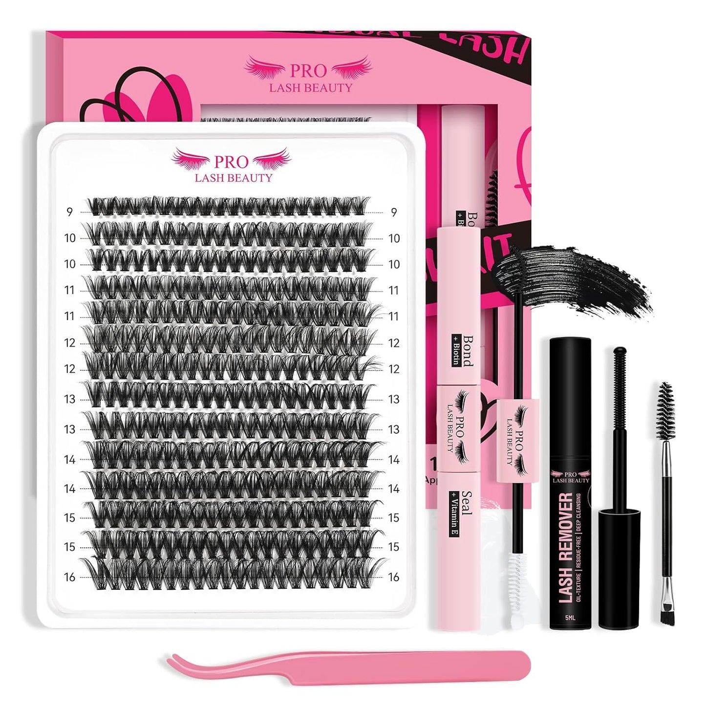 Lash Clusters Kit 280pcs Lash Clusters D Curl Eyelash Extension Kit Individual Lashes with Lash Bond and Seal Lash Applicator Easy to Apply at Home(60D-9-16mix Kit)