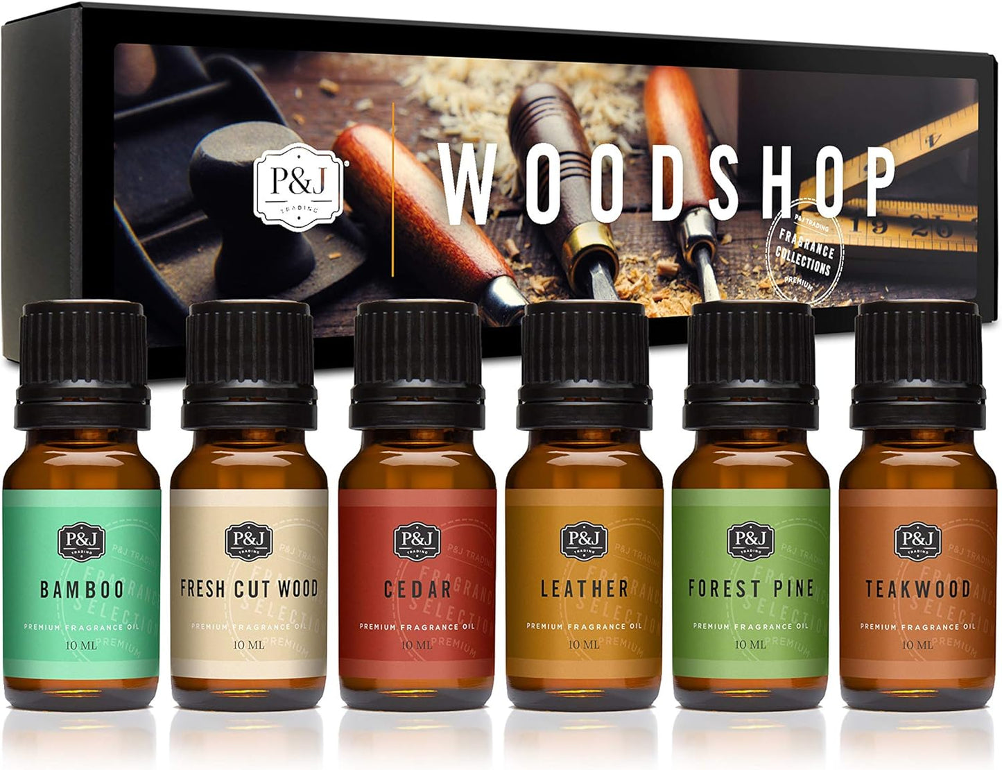 P&J Trading Fragrance Oil Woodshop Set | Forest Pine, Fresh Cut Wood, Leather, Teakwood, Bamboo, and Cedar Candle Scents for Candle Making, Freshie Scent, Soap Making Supplies, Diffuser Oil Scents