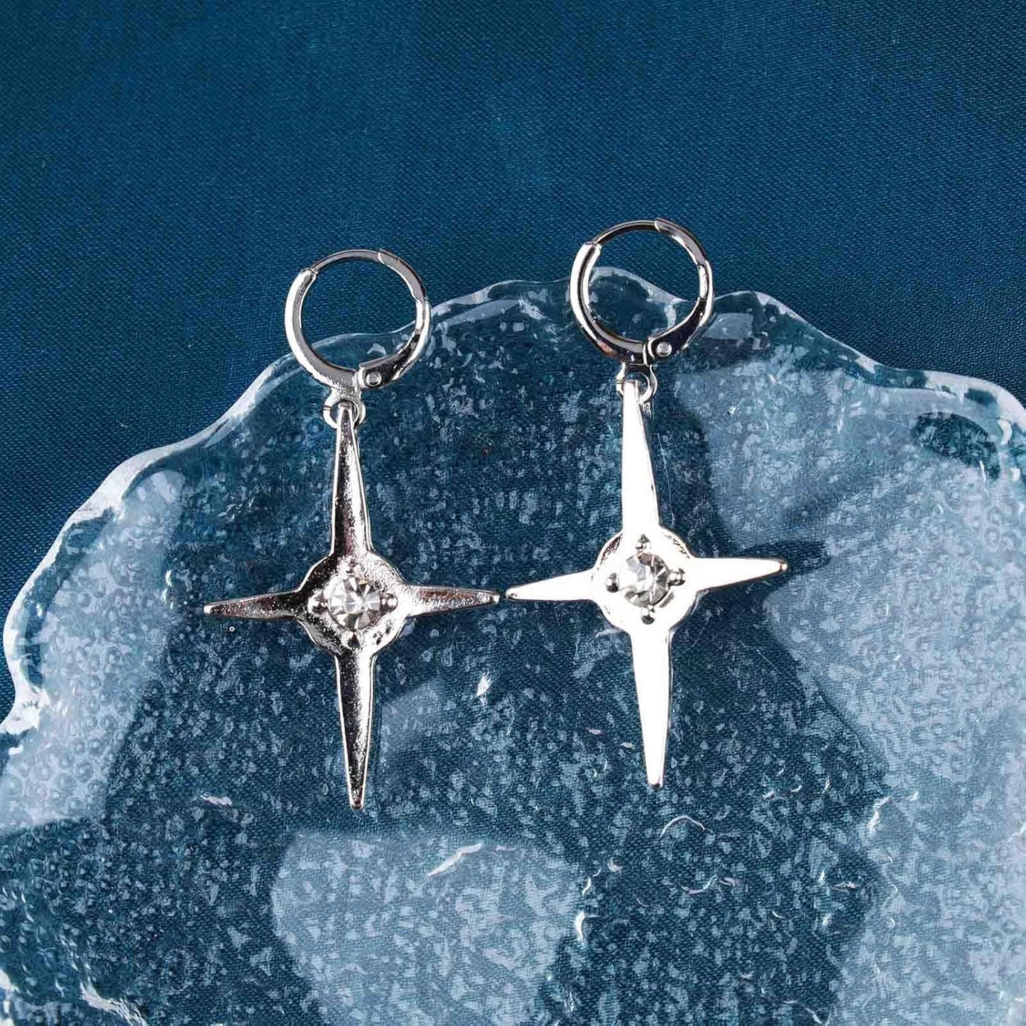 Punk Cross Star Dangle Drop Earrings Vintage Silver Hanging Rhinestone North Star Drop Earrings Minimalist Cross Star Dangle Huggie Small Hoop Earrings Jewelry for Women