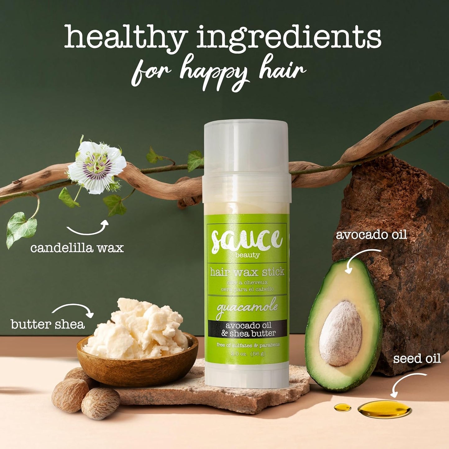 SAUCE BEAUTY Guacamole Hair Wax - Paraben & Sulfate Free, Moisturizing Avocado Oil & Shea Butter Wax for Styling Flyaway & Brittle Hair (2 oz)