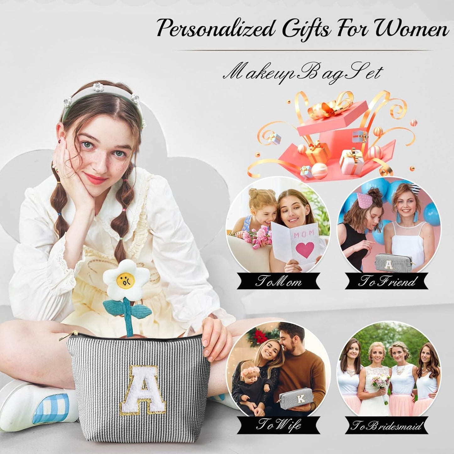 YOOLIFE Initial Cute Monogrammed Makeup Bag for Women - Personalized Birthday Gift for Teen Girl or Mom - Black