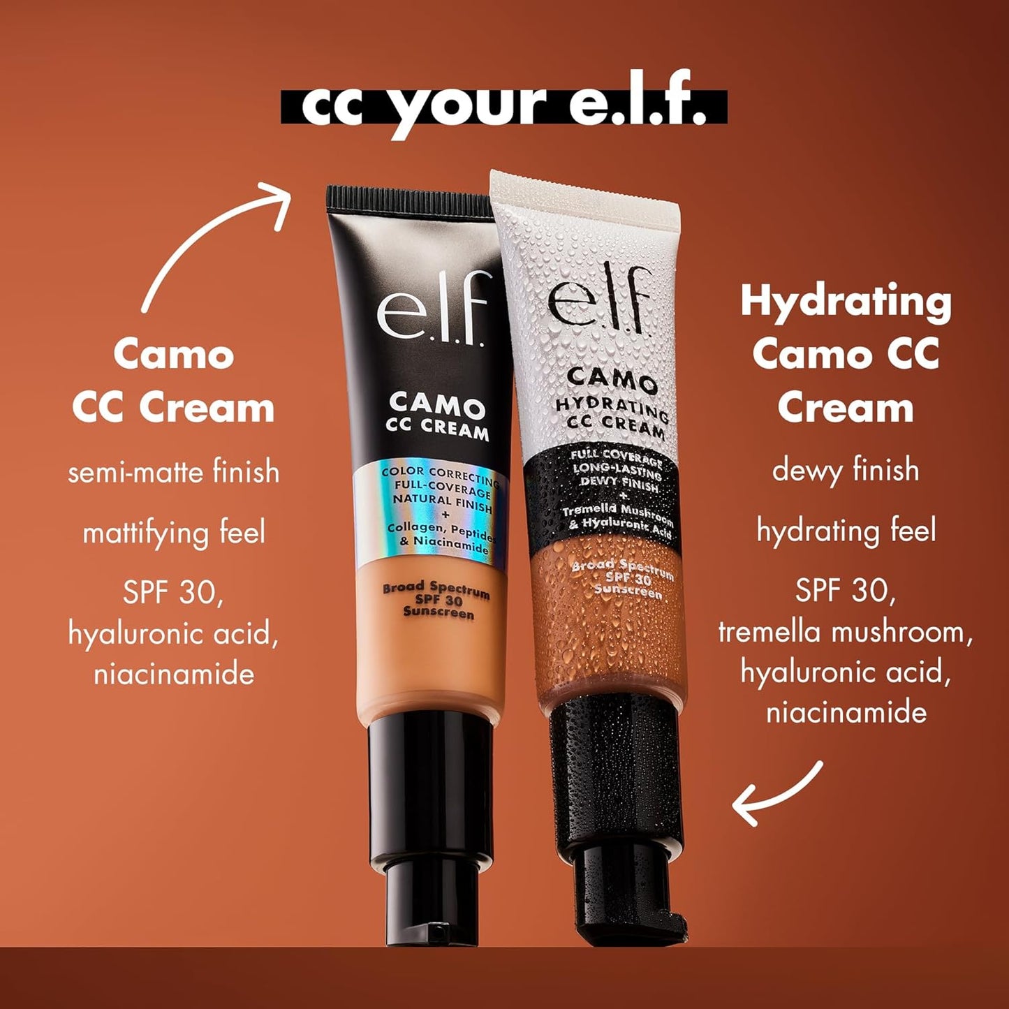 e.l.f. Hydrating Camo CC Cream, SPF 30, Color Correcting Full Coverage Foundation For A Dewy Finish, Vegan & Cruelty-Free, Deep 500 W