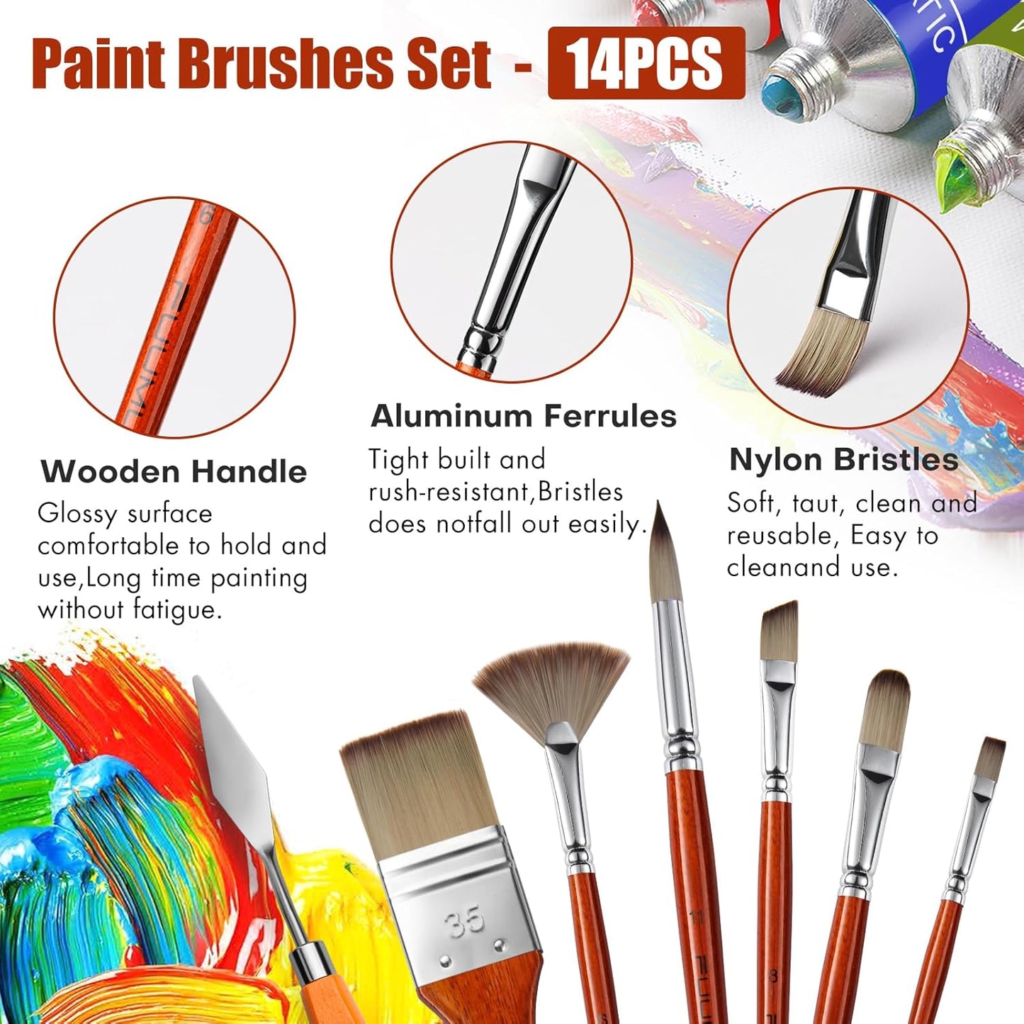 14pcs Acrylic Paint Brushes, Professional Synthetic Bristles Paint Brush Set with Extra Palette Knife - Flat, Filbert, Fan, Dagger, Round, Angle, Rigger Paint Brushes for Oil, Acrylic Canvas Paintings