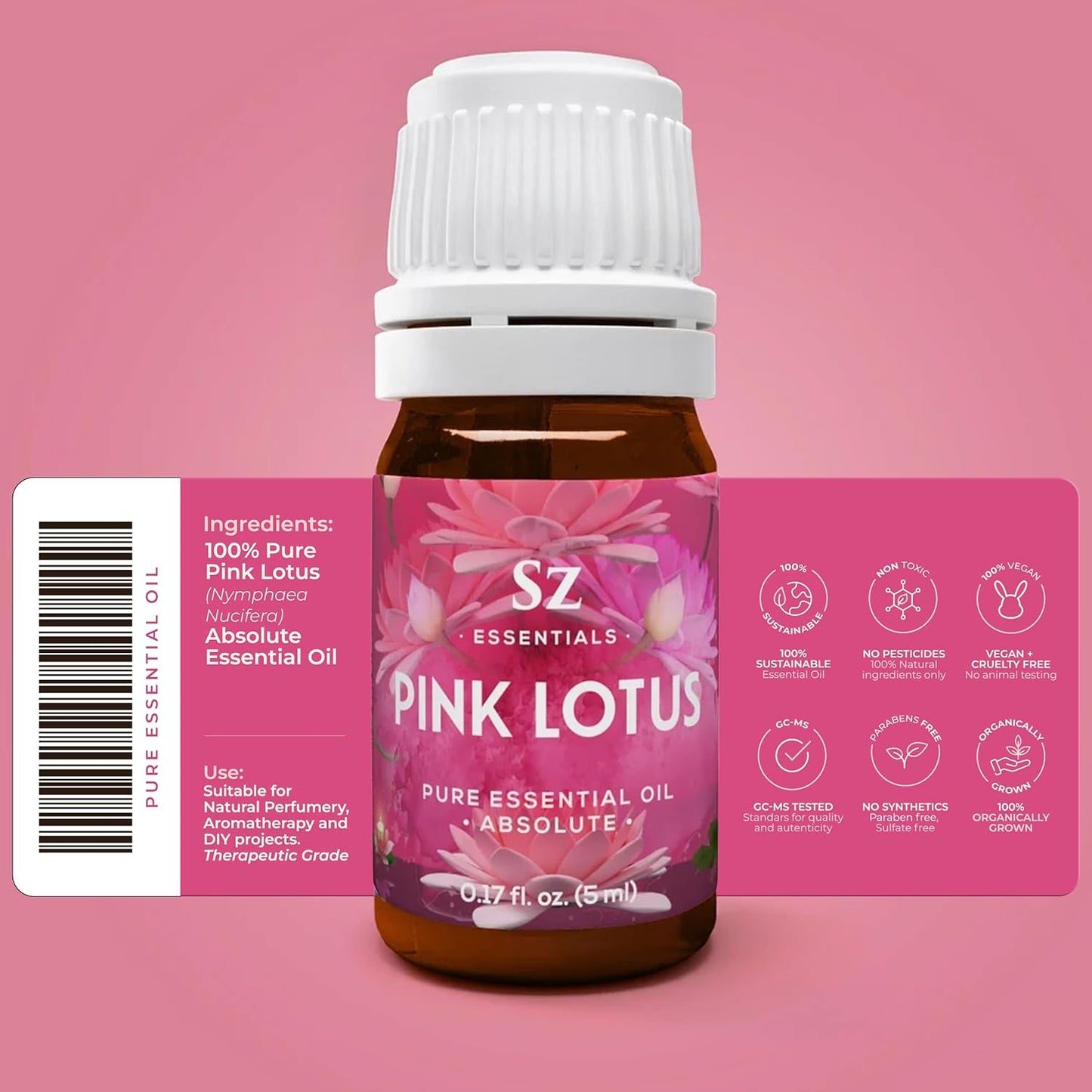 Pink Lotus 100% Pure, Essential Natural Oil - Extracted from Nymphaea Nucifera - Divine & Sweet Scent, with Exotic Floral Overtones - Therapeutic Grade & Vegan - 0.17oz (5ml)