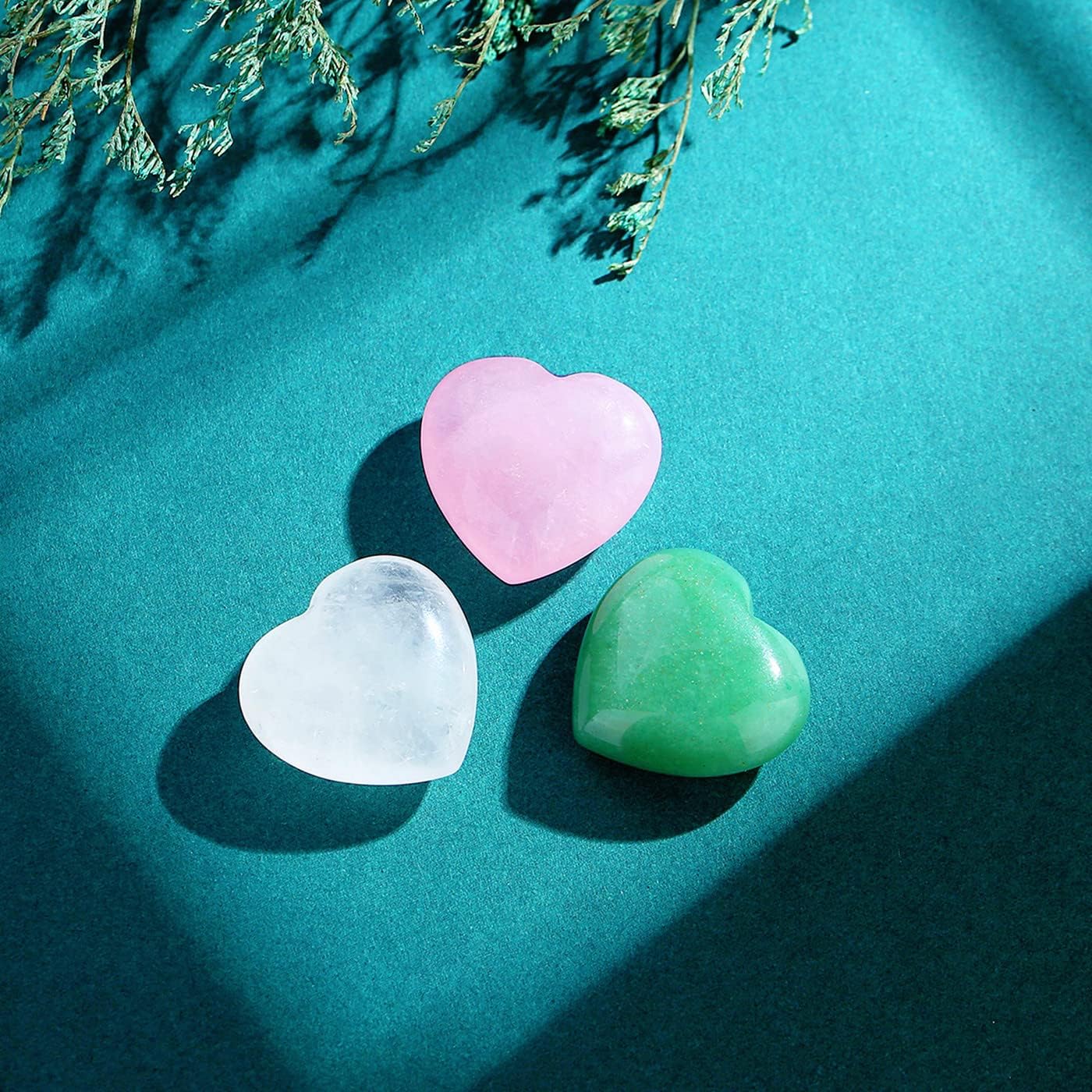 QINJIEJIE 3 PCS 1.2" Large Heart Crystals Rose Quartz Clear Crystal Green Aventurine Healing Natural Love Heart Shape Stones Polished Thumb Gemstones Therapy Reiki Energy Balancing Gifts