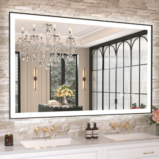 Amorho 48" X30" LED Bathroom Mirror with Black Frame, Front Light and Backlit(Controlled Separately), Stepless Dimmable, Anti-Fog, Shatter-Proof, 3 Colors, Memory
