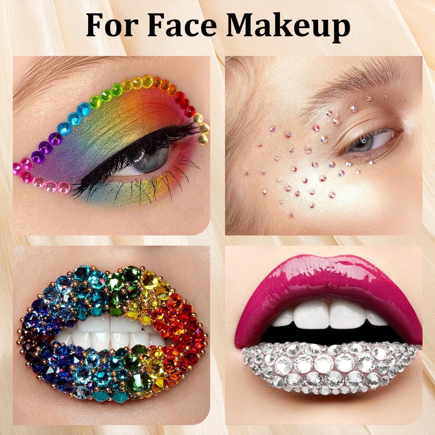 Colorful Face Gems for Makeup Set, Flatback Gorgeous Charming Clear Glass Rhinestone with Makeup Glue+Picker Pencil+Tweezer for Eye Body Hair Make-up and Nail Art Deco