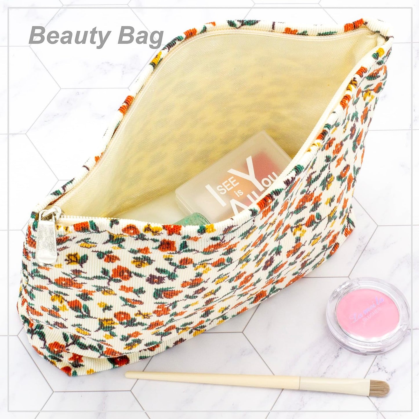 PAZIMIIK Makeup Bag Large Zipper Corduroy Make Up Pouch for Purse Travel Canvas Cosmetic Organizer for Women Brush Storage,Floral White