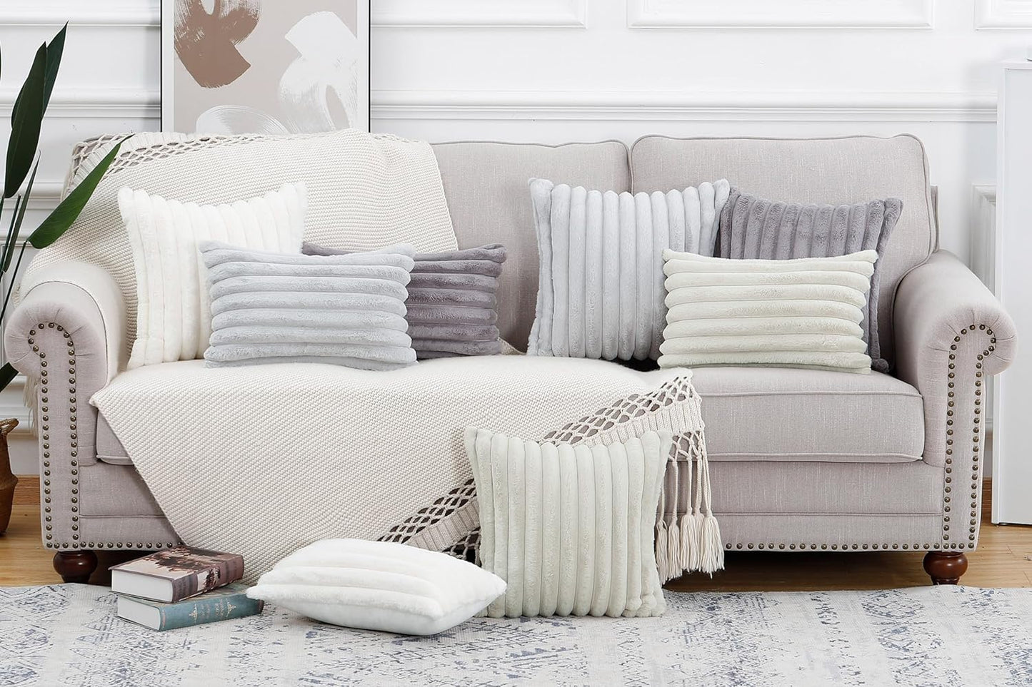 MADIZZ Set of 2 Faux Wool Plush Decorative Throw Pillow Covers 16x16 Inch Greyish White Fluffy Striped Soft Decorative Cushion Cover for Sofa Bedroom Pillow Shell