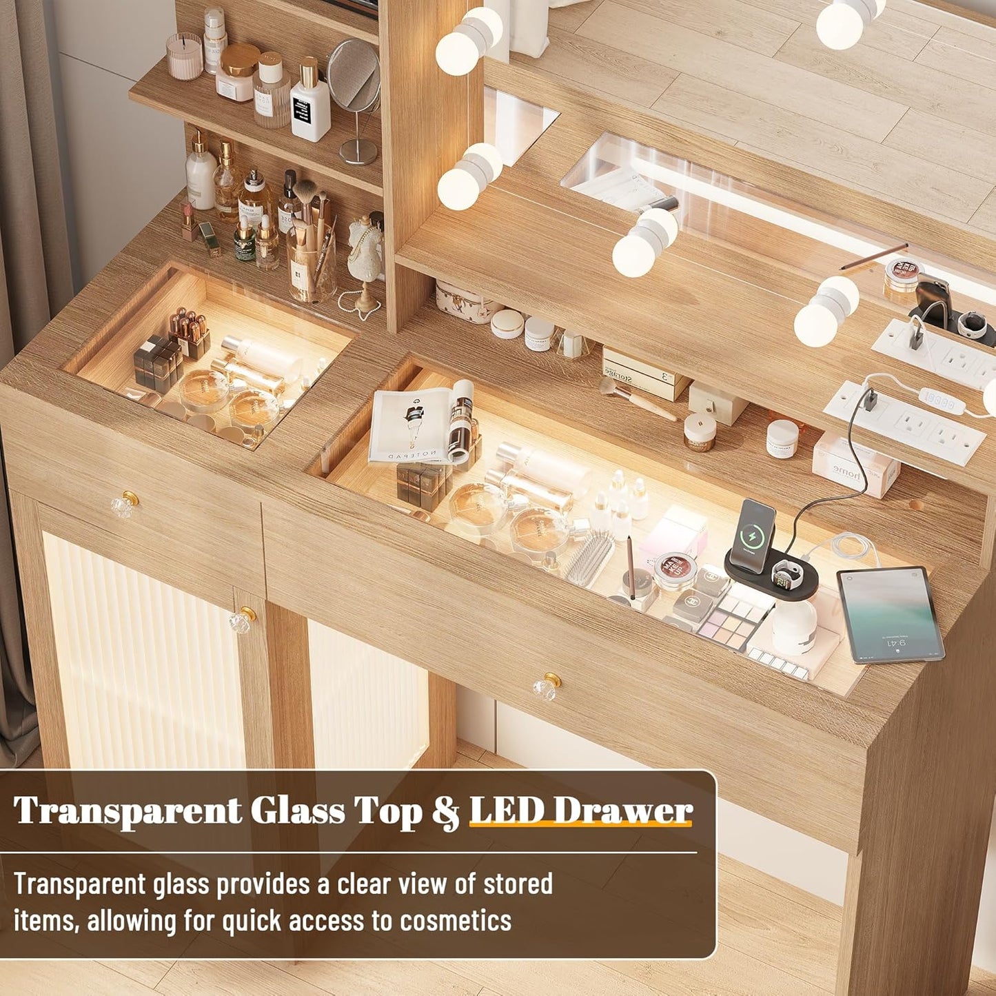 40" Vanity Desk with Large Mirror and Lights, Modern Glass Top Makeup Vanity Set with Power Outlet, Drawers and Cabinet, 3 Lighting Color Adjustable Dressing Table for Bedroom,Oak